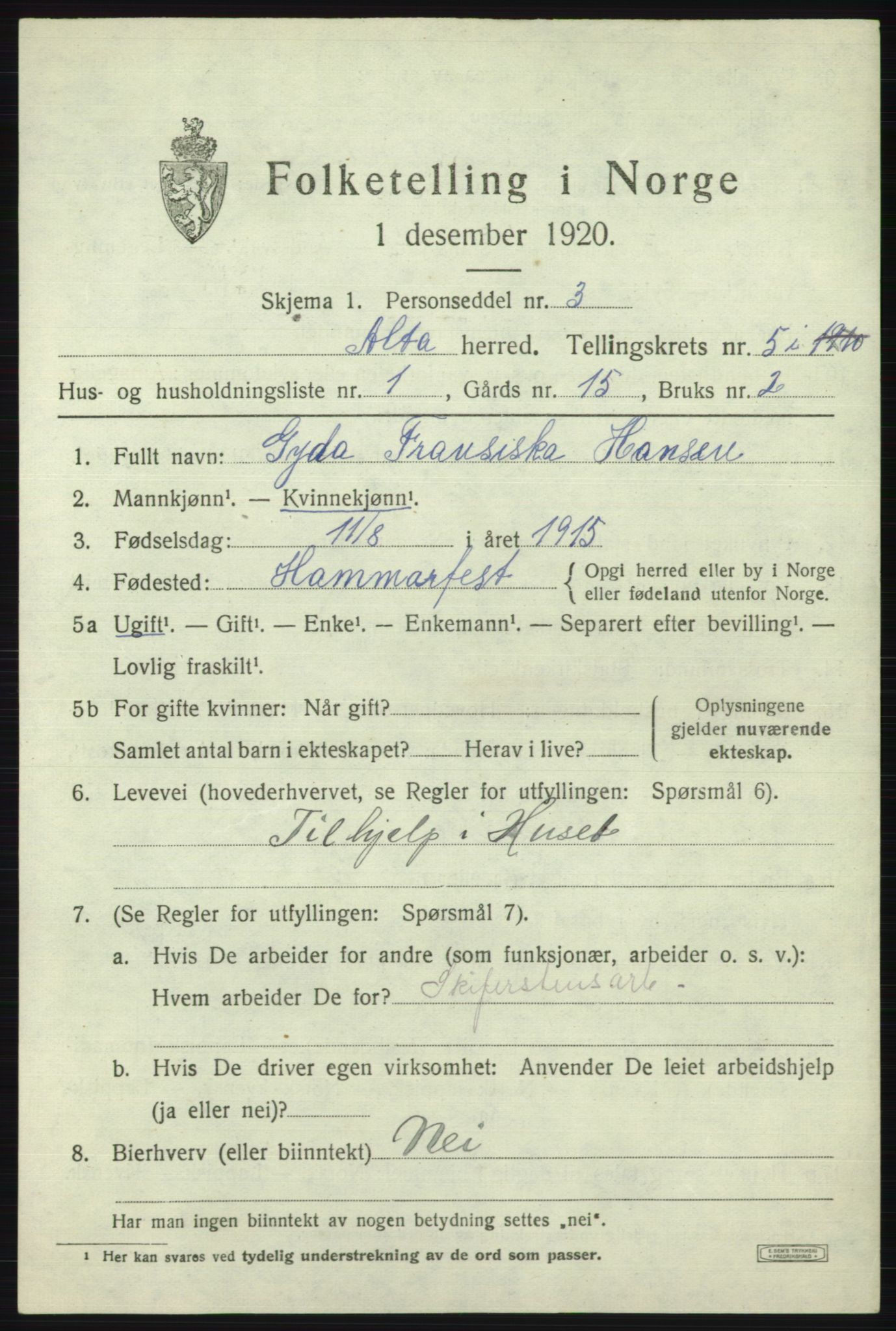 SATØ, 1920 census for Alta, 1920, p. 3451
