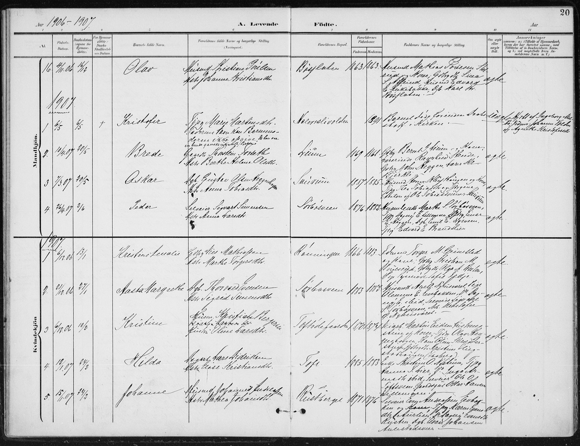 Østre Gausdal prestekontor, SAH/PREST-092/H/Ha/Haa/L0005: Parish register (official) no. 5, 1902-1920, p. 20