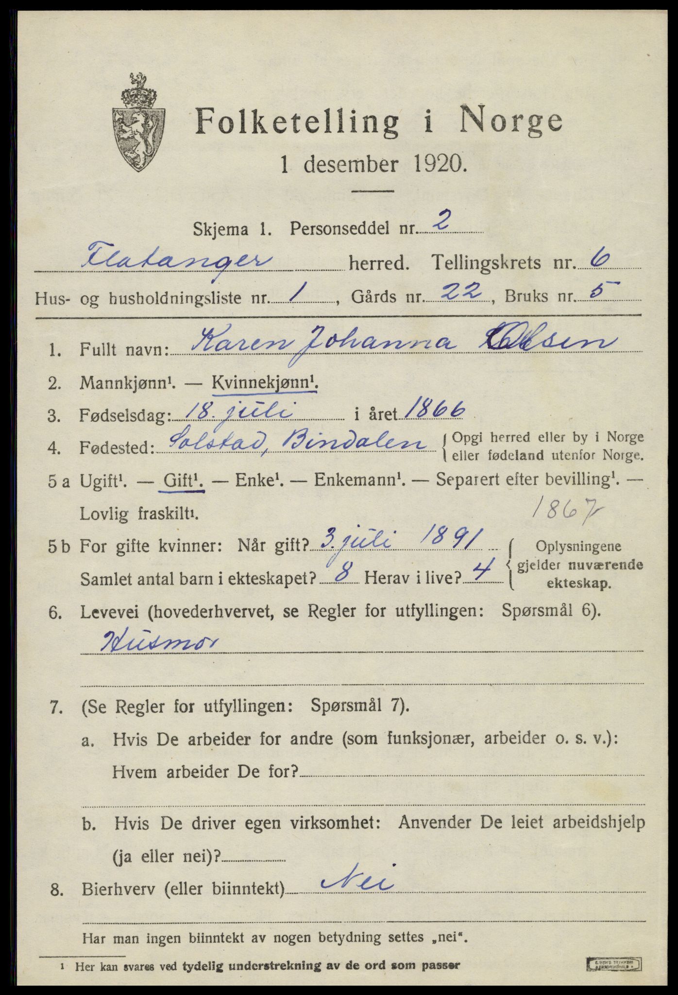 SAT, 1920 census for Flatanger, 1920, p. 2794