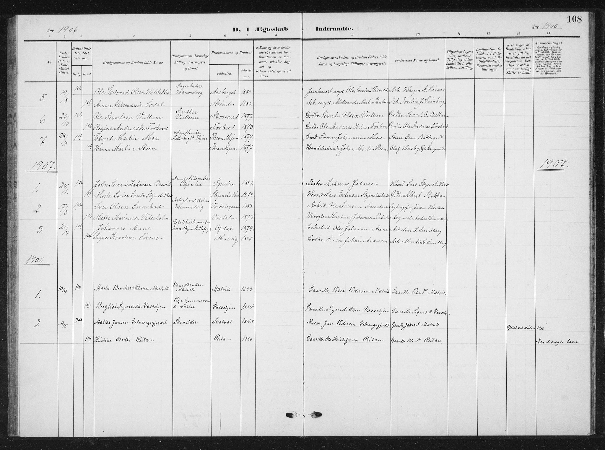 Ministerialprotokoller, klokkerbøker og fødselsregistre - Sør-Trøndelag, SAT/A-1456/616/L0424: Parish register (copy) no. 616C07, 1904-1940, p. 108
