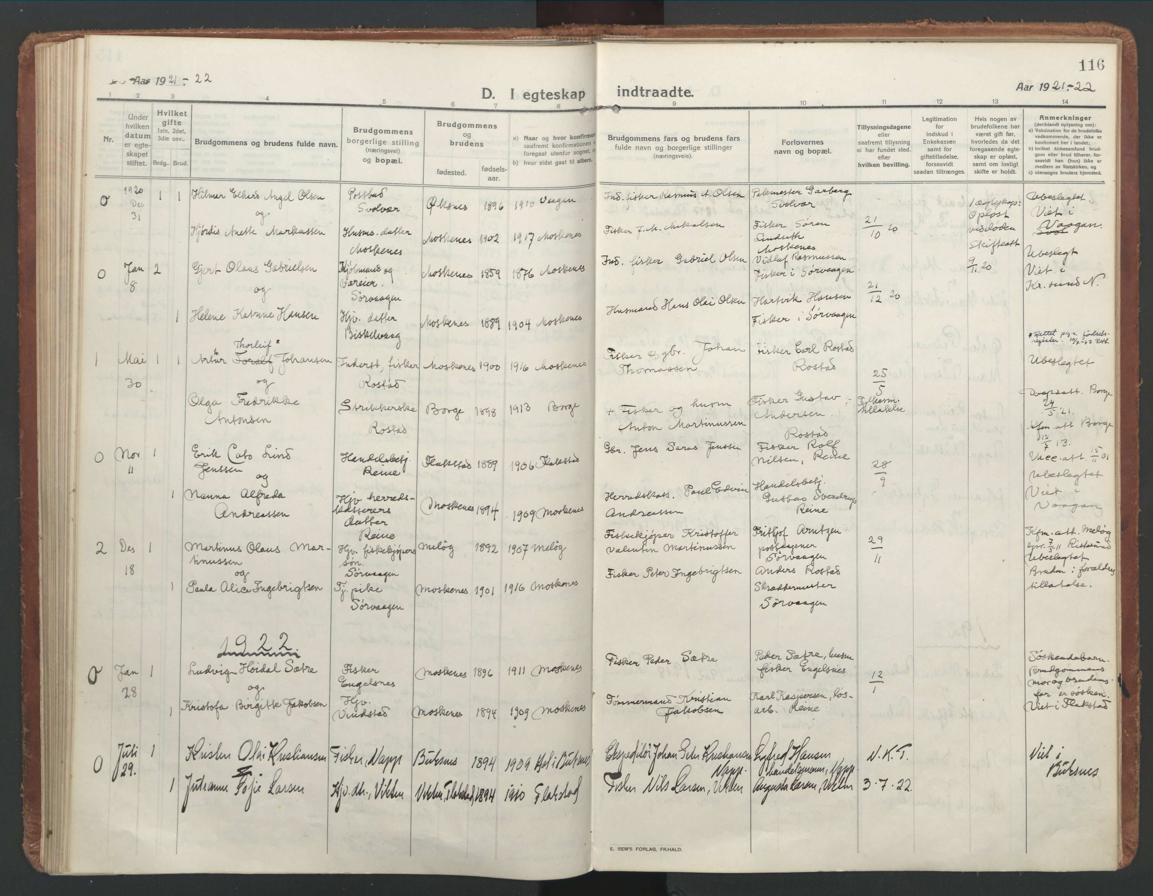 Ministerialprotokoller, klokkerbøker og fødselsregistre - Nordland, AV/SAT-A-1459/886/L1222: Parish register (official) no. 886A04, 1914-1926, p. 116