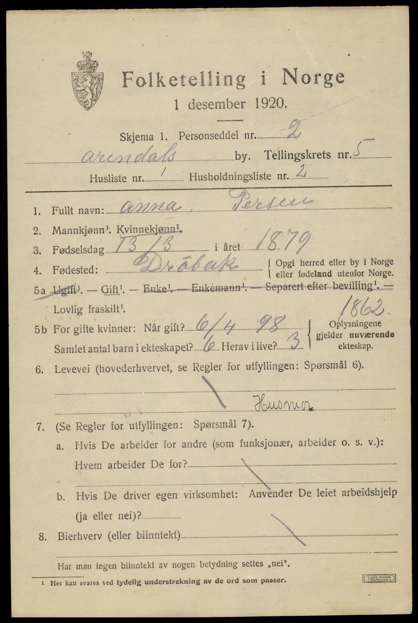 SAK, 1920 census for Arendal, 1920, p. 12450