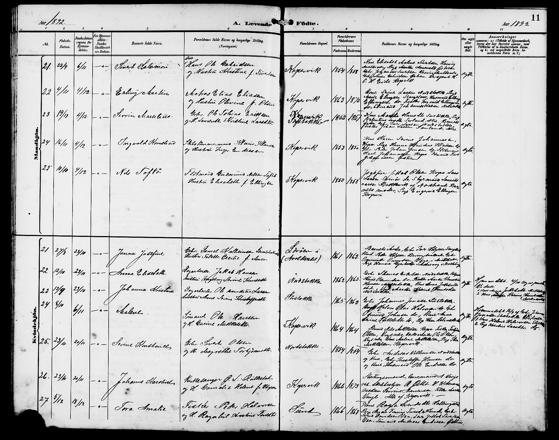 Kopervik sokneprestkontor, AV/SAST-A-101850/H/Ha/Hab/L0003: Parish register (copy) no. B 3, 1891-1909, p. 11