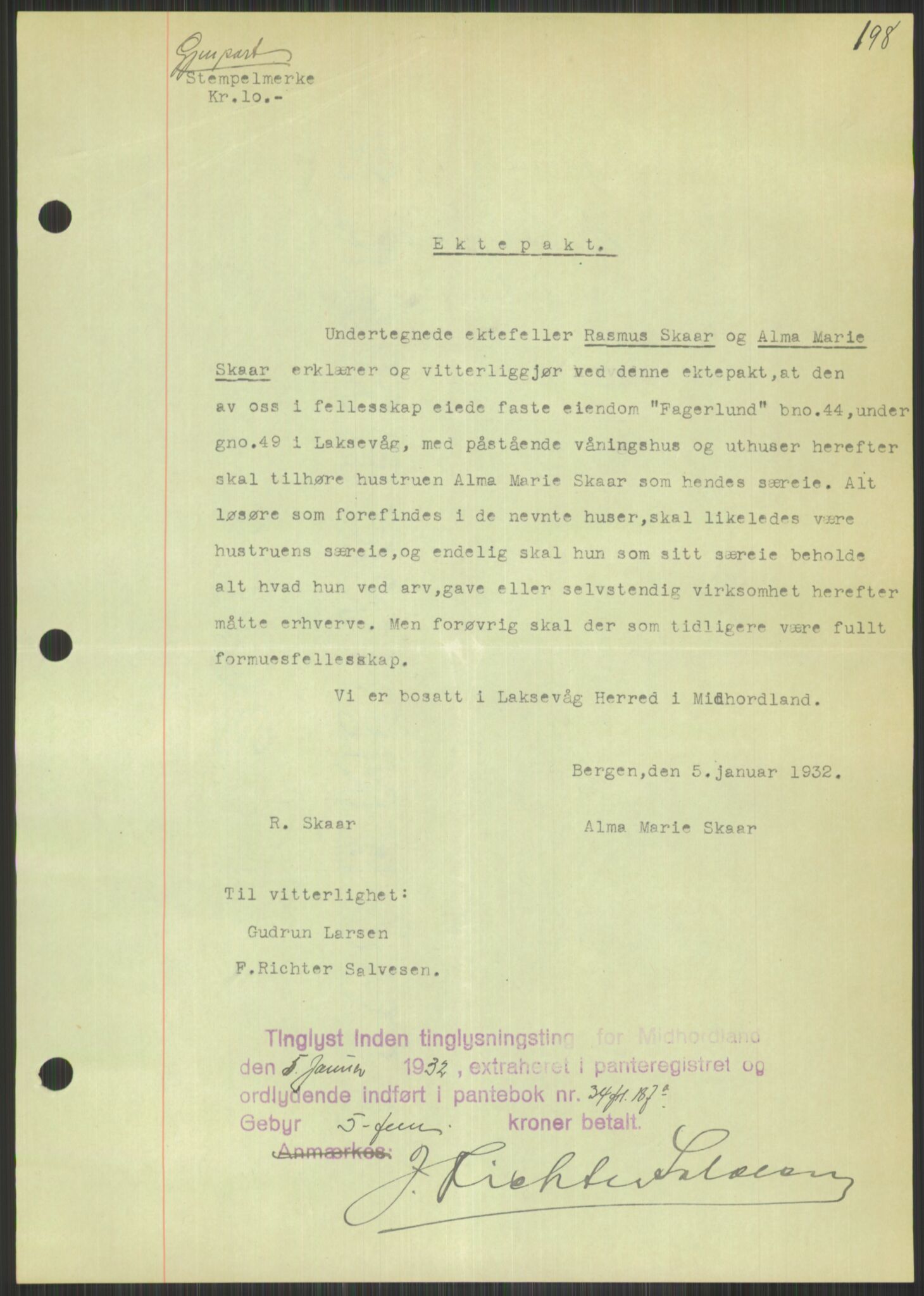 Oslo byskriverembete, AV/SAO-A-10227/2/G/Gb/L0051: Tinglyste ektepakter, Rogaland, bind 5, og Hordaland, bind 1, 1927-1950, p. 198a