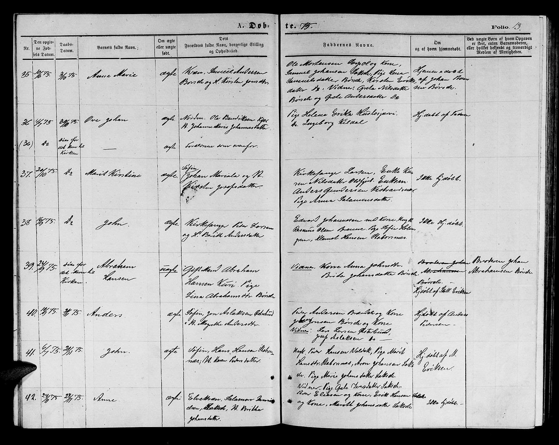 Kistrand/Porsanger sokneprestembete, AV/SATØ-S-1351/H/Hb/L0003.klokk: Parish register (copy) no. 3, 1874-1885, p. 13