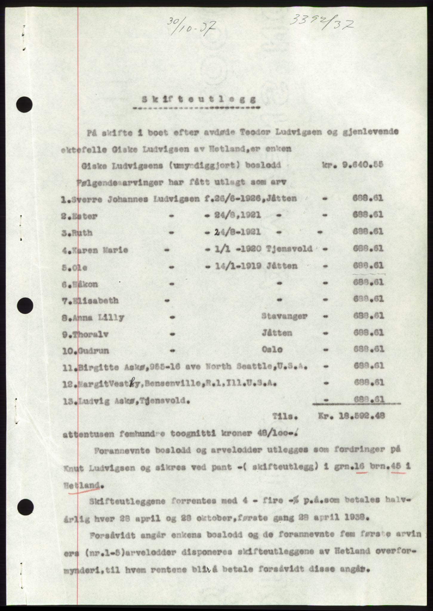 Jæren sorenskriveri, SAST/A-100310/03/G/Gba/L0069: Mortgage book, 1937-1937, Diary no: : 3392/1937