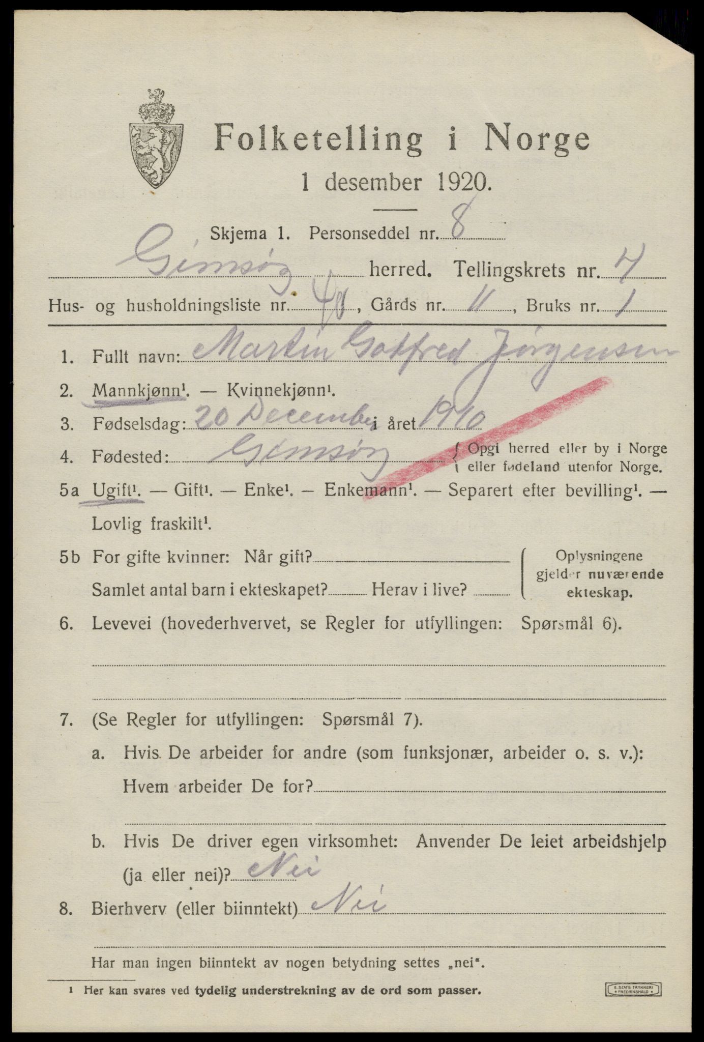 SAT, 1920 census for Gimsøy, 1920, p. 2519