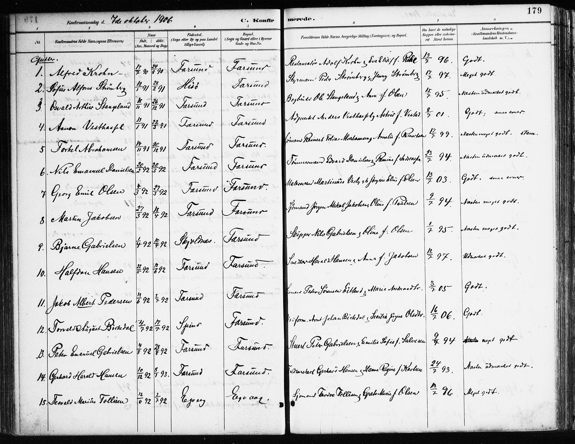 Farsund sokneprestkontor, SAK/1111-0009/F/Fa/L0006: Parish register (official) no. A 6, 1887-1920, p. 179