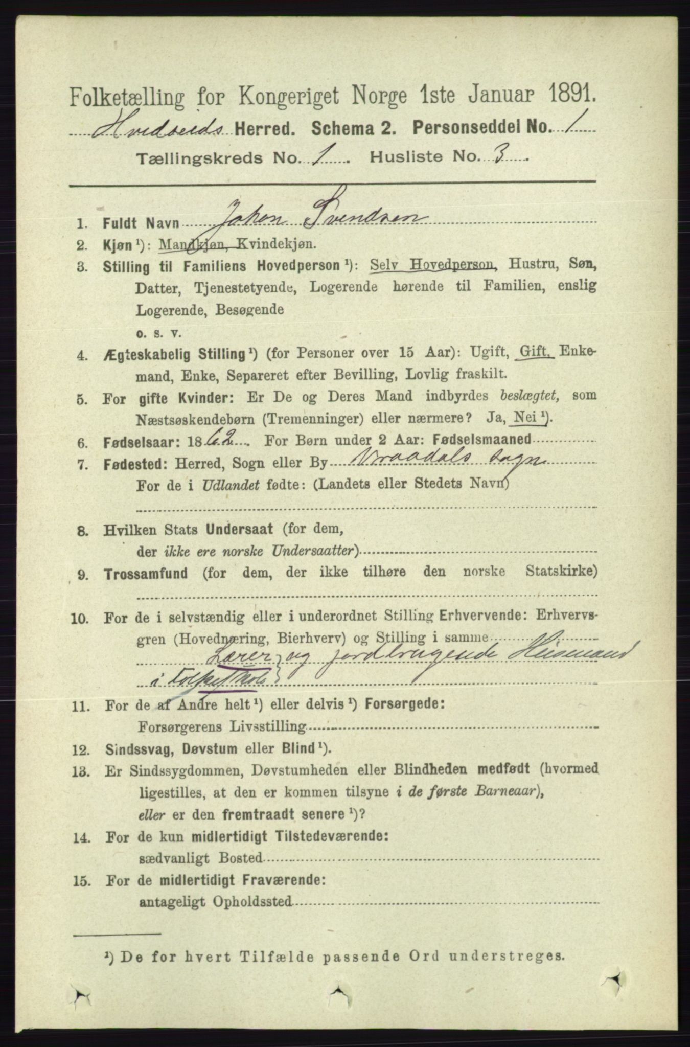 RA, 1891 census for 0829 Kviteseid, 1891, p. 91