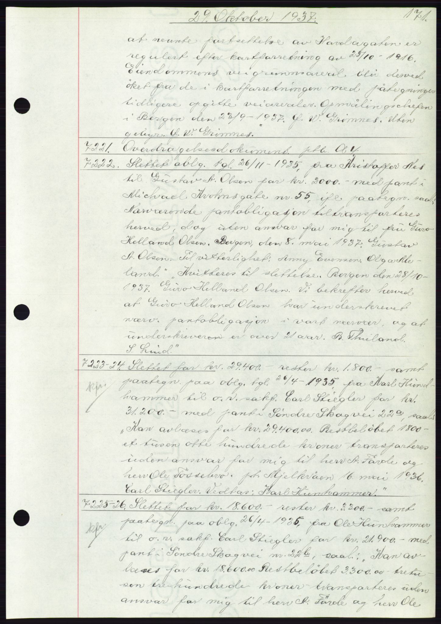 Byfogd og Byskriver i Bergen, AV/SAB-A-3401/03: Mortgage book no. C 5, 1937-1937, Diary no: : 7221/1937