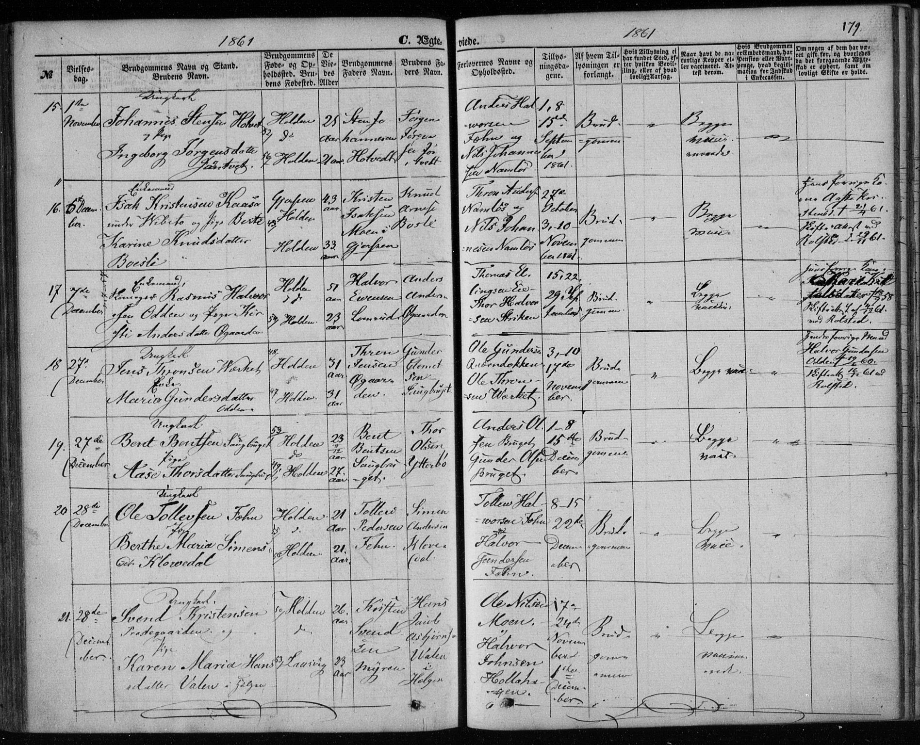 Holla kirkebøker, AV/SAKO-A-272/F/Fa/L0006: Parish register (official) no. 6, 1861-1869, p. 179