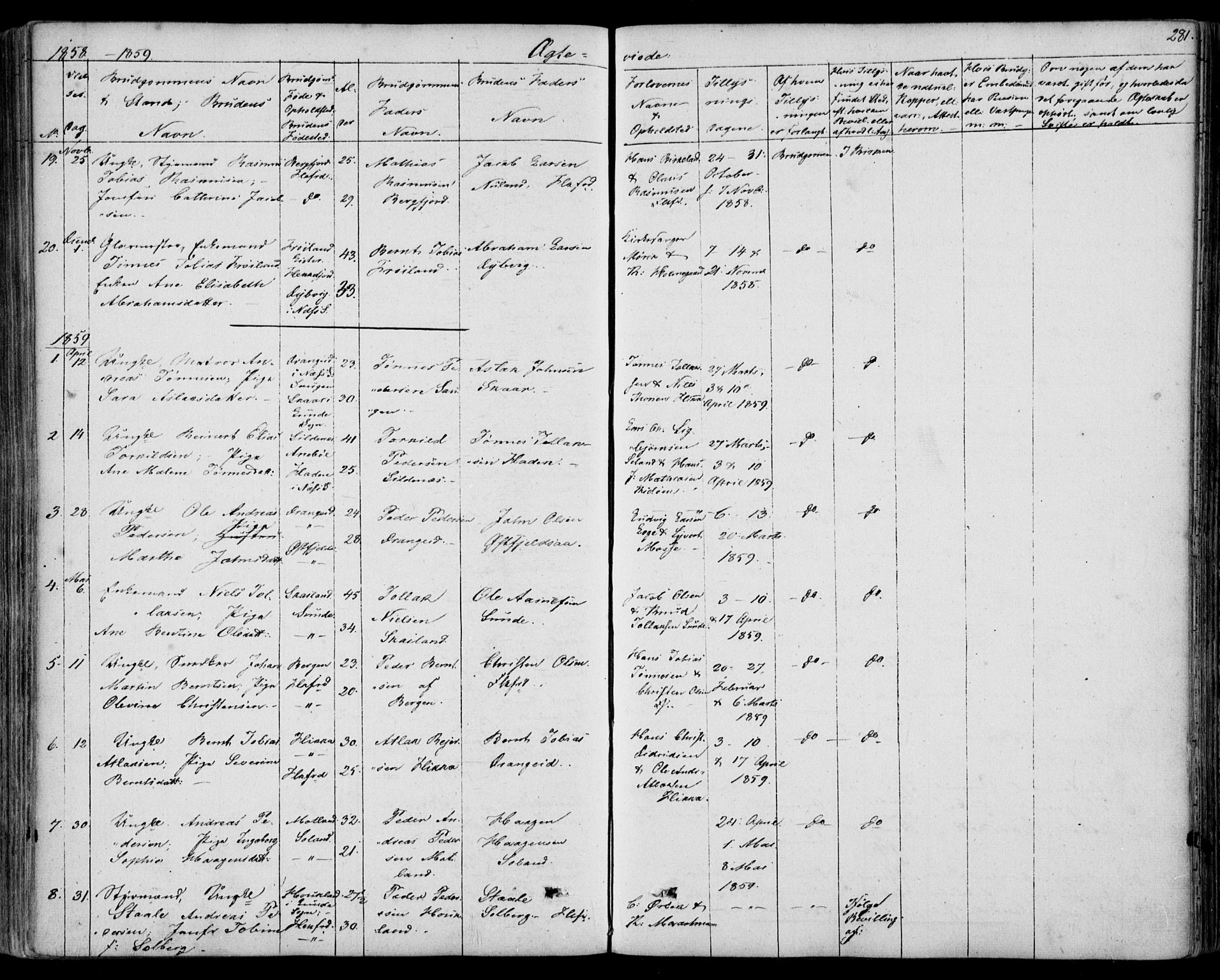 Flekkefjord sokneprestkontor, SAK/1111-0012/F/Fb/Fbc/L0005: Parish register (copy) no. B 5, 1846-1866, p. 281