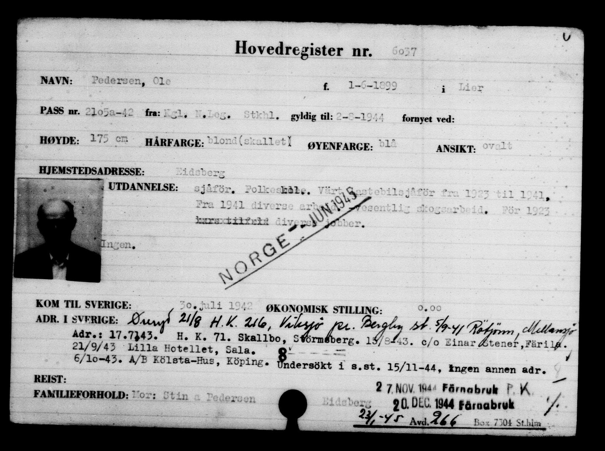Utenriksstasjonene, Legasjonen i Stockholm, Flyktningkontoret, AV/RA-S-6753/V/Va/L0004: Kjesäterkartoteket, flyktninger med registreringsnr. 3496-6610, 1940-1945, p. 2974