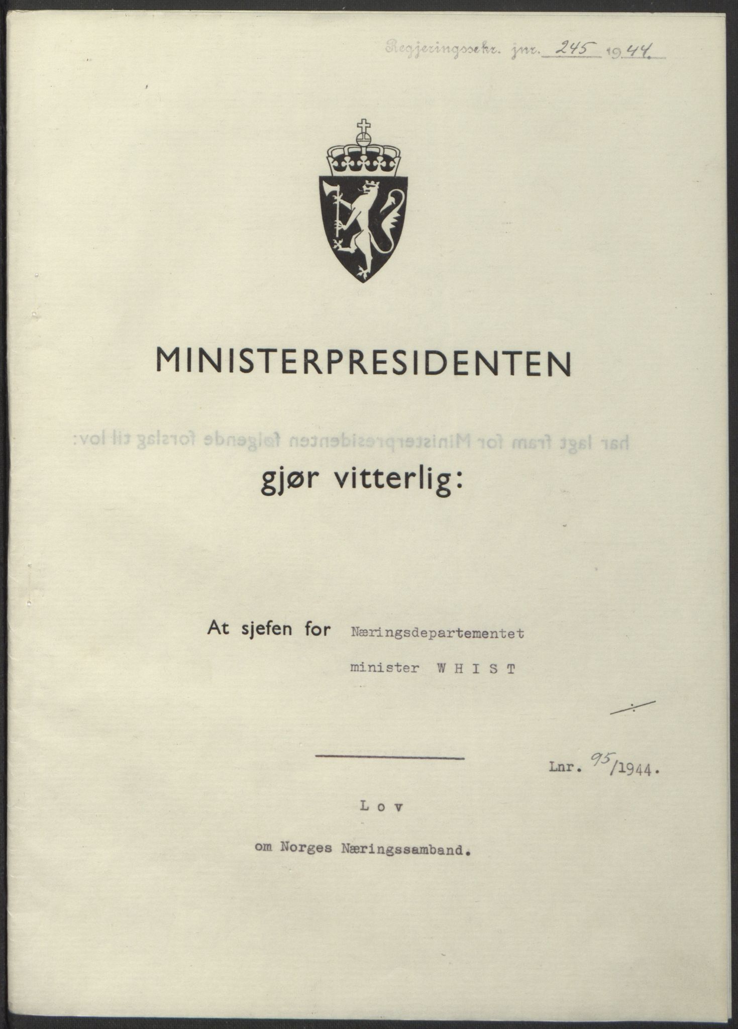 NS-administrasjonen 1940-1945 (Statsrådsekretariatet, de kommisariske statsråder mm), RA/S-4279/D/Db/L0100: Lover, 1944, p. 450