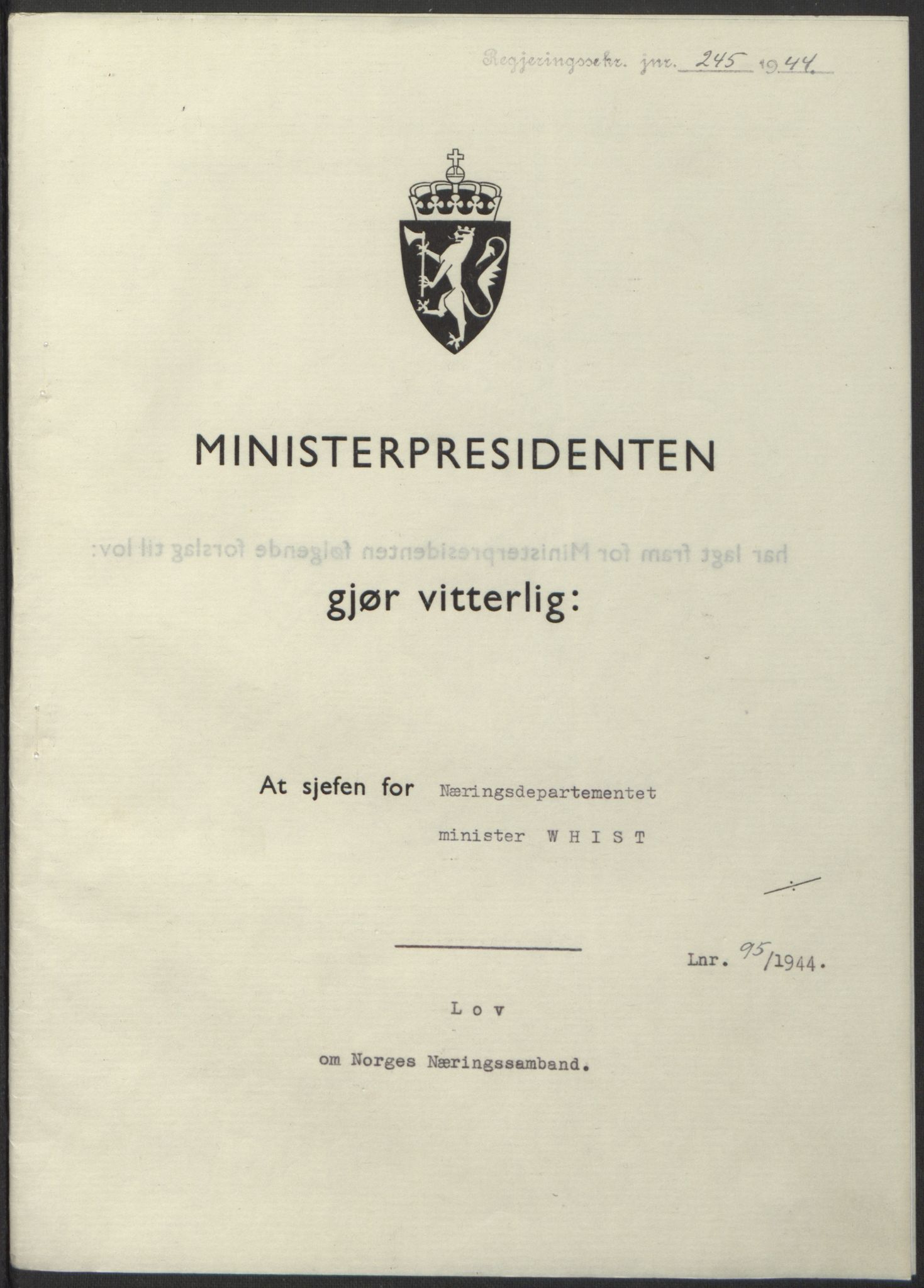 NS-administrasjonen 1940-1945 (Statsrådsekretariatet, de kommisariske statsråder mm), AV/RA-S-4279/D/Db/L0100: Lover, 1944, p. 450
