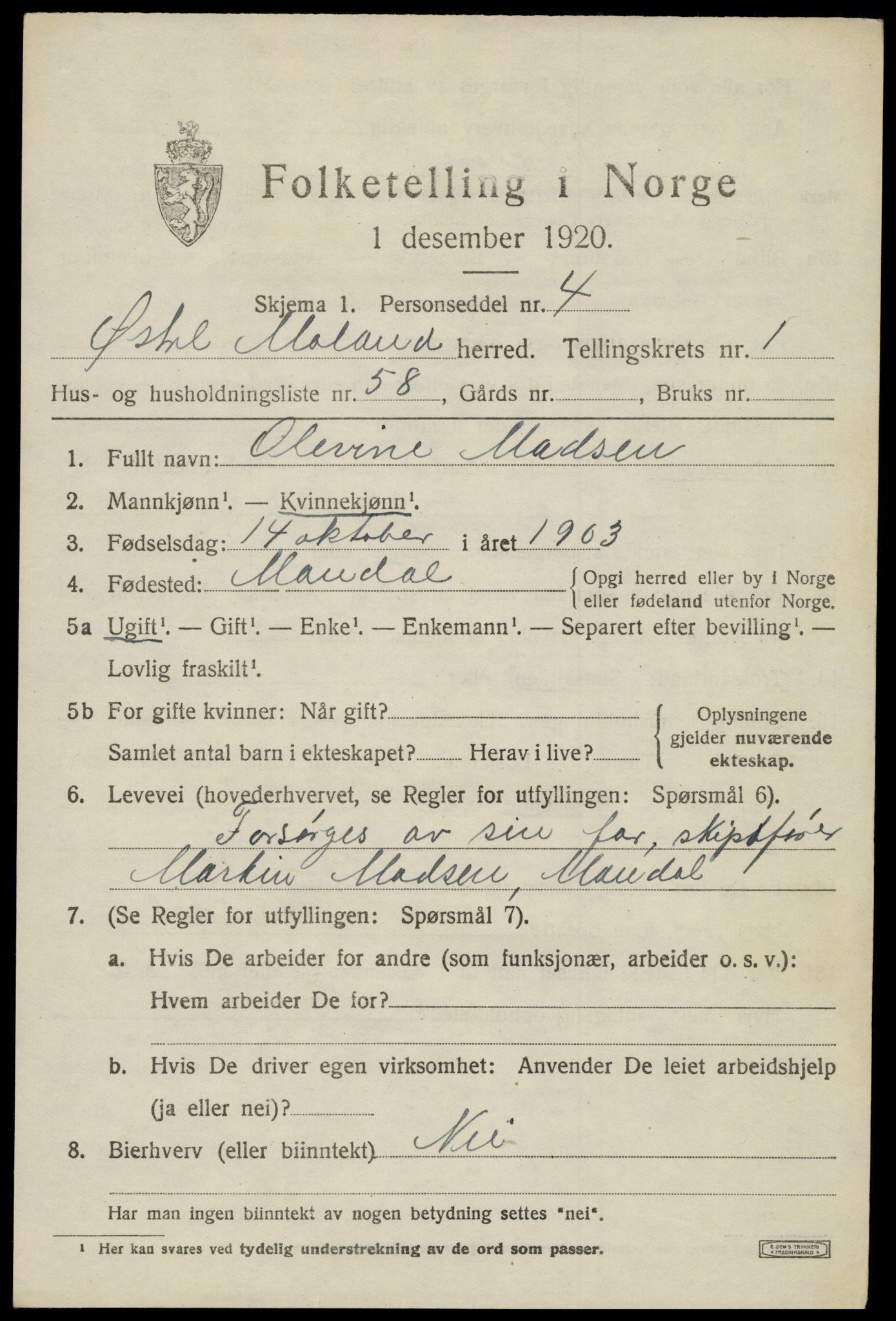 SAK, 1920 census for Austre Moland, 1920, p. 1243