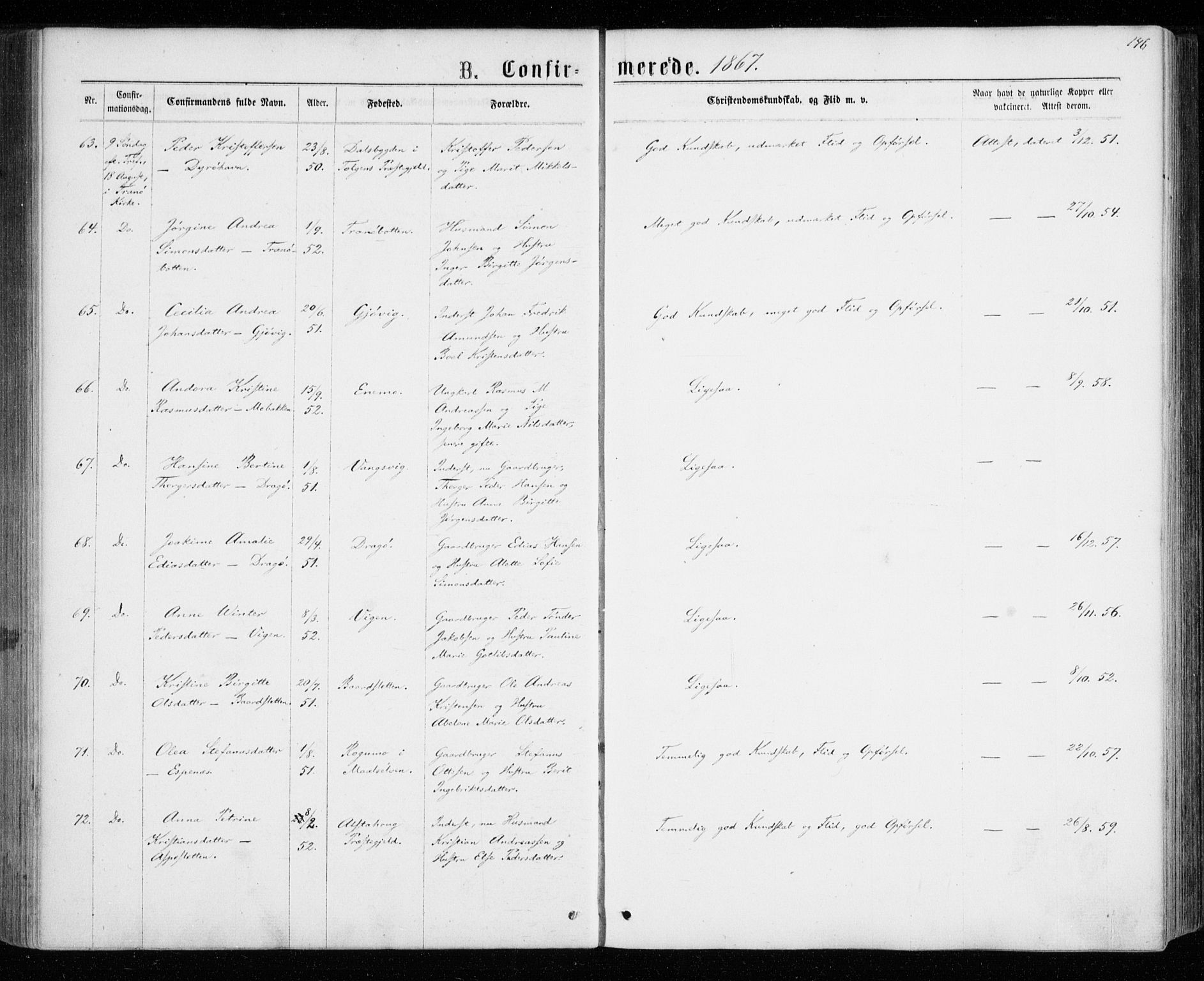 Tranøy sokneprestkontor, AV/SATØ-S-1313/I/Ia/Iaa/L0008kirke: Parish register (official) no. 8, 1867-1877, p. 146