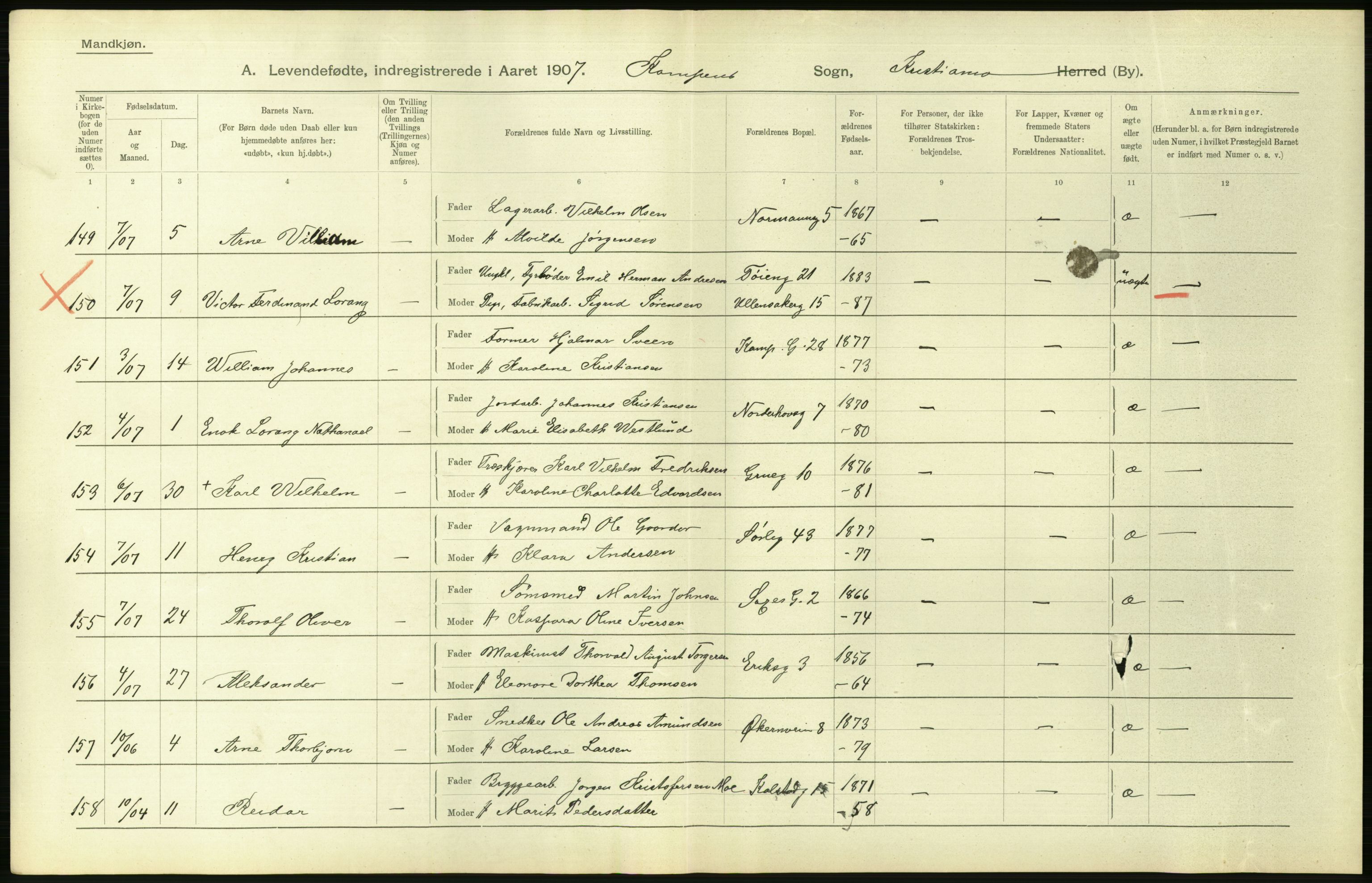 Statistisk sentralbyrå, Sosiodemografiske emner, Befolkning, AV/RA-S-2228/D/Df/Dfa/Dfae/L0007: Kristiania: Levendefødte menn og kvinner., 1907, p. 448