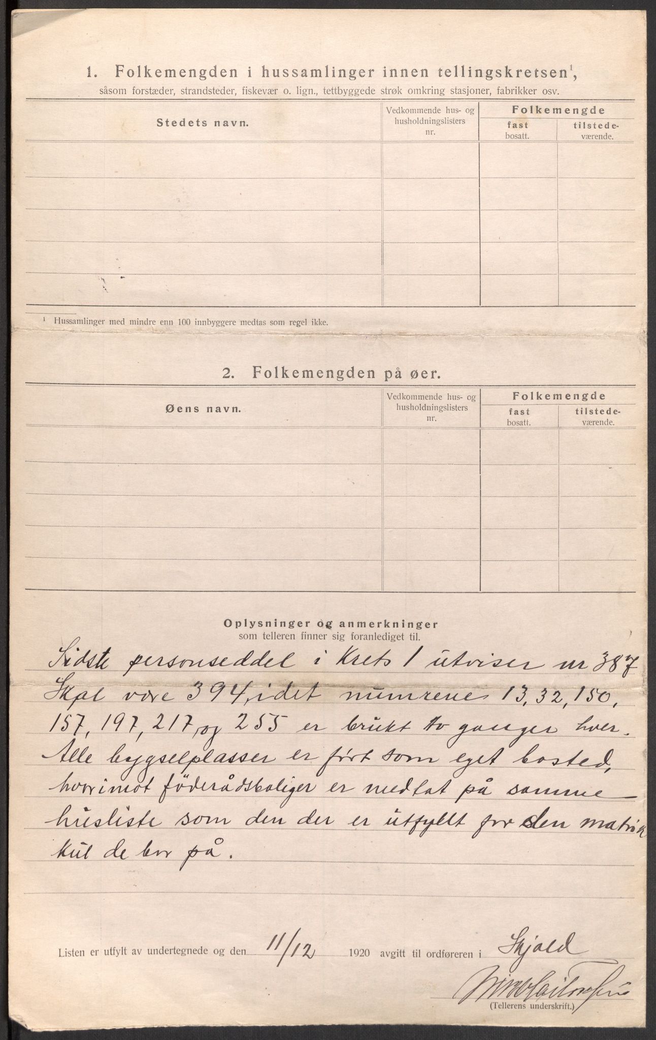 SAST, 1920 census for Skjold, 1920, p. 9