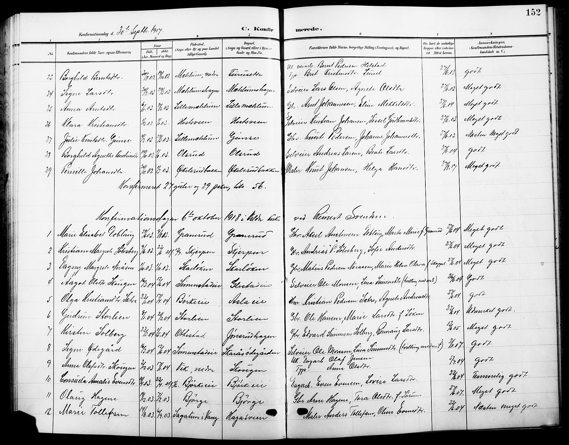 Ringsaker prestekontor, AV/SAH-PREST-014/L/La/L0017: Parish register (copy) no. 17, 1905-1920, p. 152