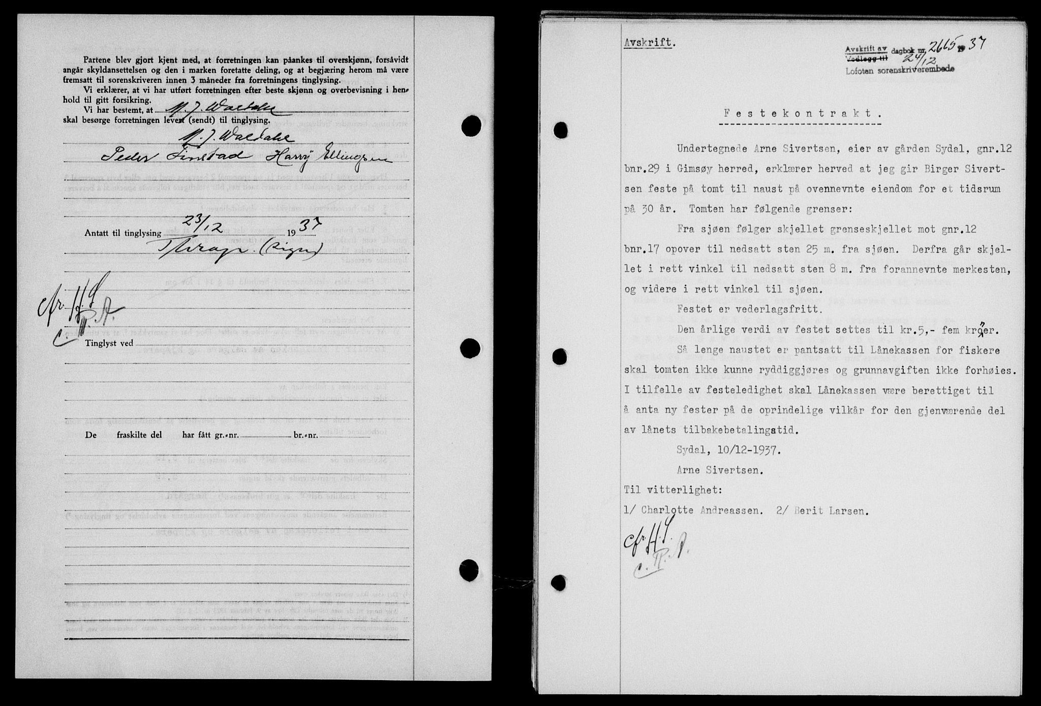 Lofoten sorenskriveri, SAT/A-0017/1/2/2C/L0003a: Mortgage book no. 3a, 1937-1938, Diary no: : 2665/1937