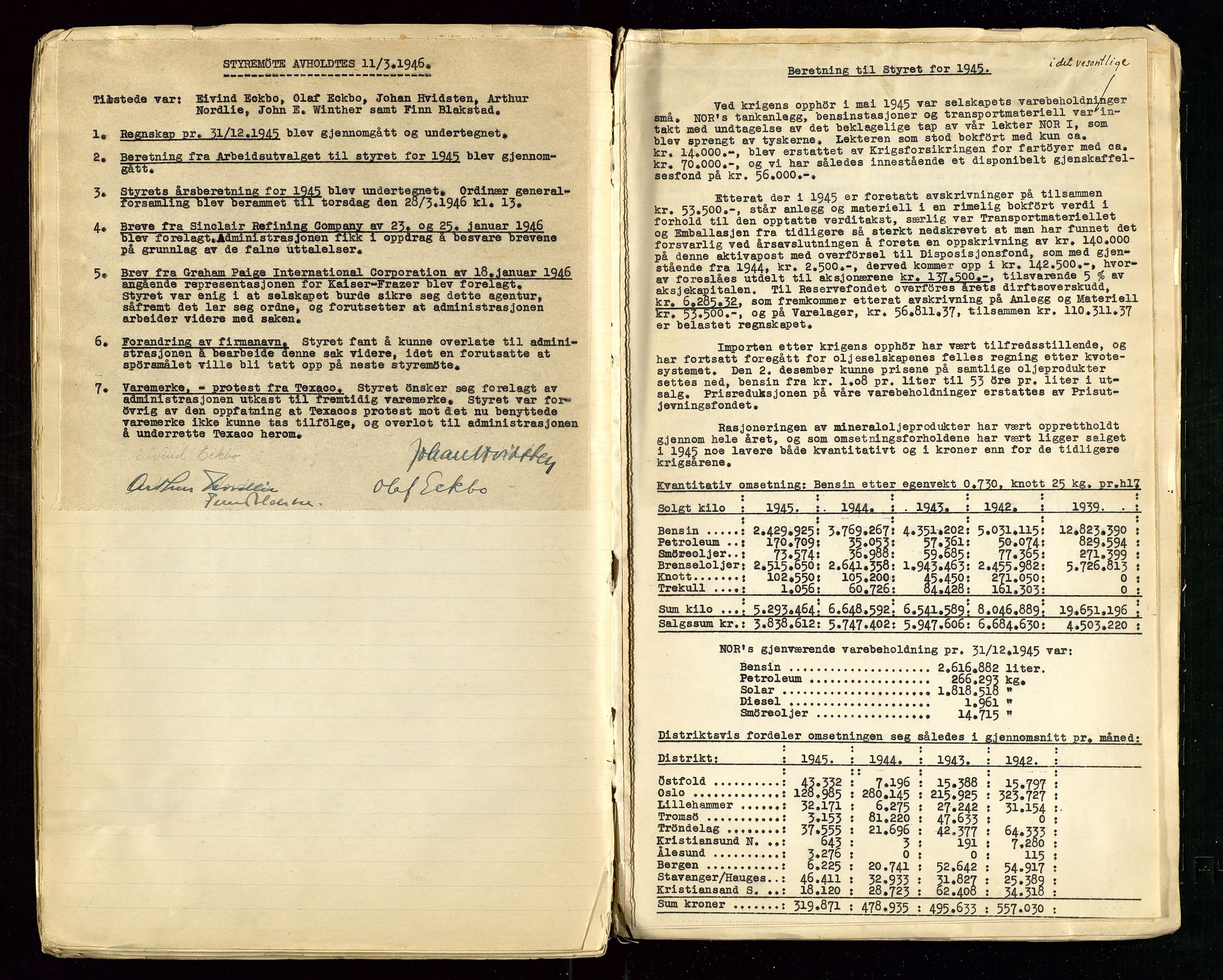 Pa 1514 - Sporveienes Bensindepot, Norsk Oljeraffineri A/S, SAST/A-101919/A/L0001/0001: Styreprotokoll. Forhandlingsprotokoll Arbeidsutvaget / Styreprotokoll, 1932-1949, p. 95