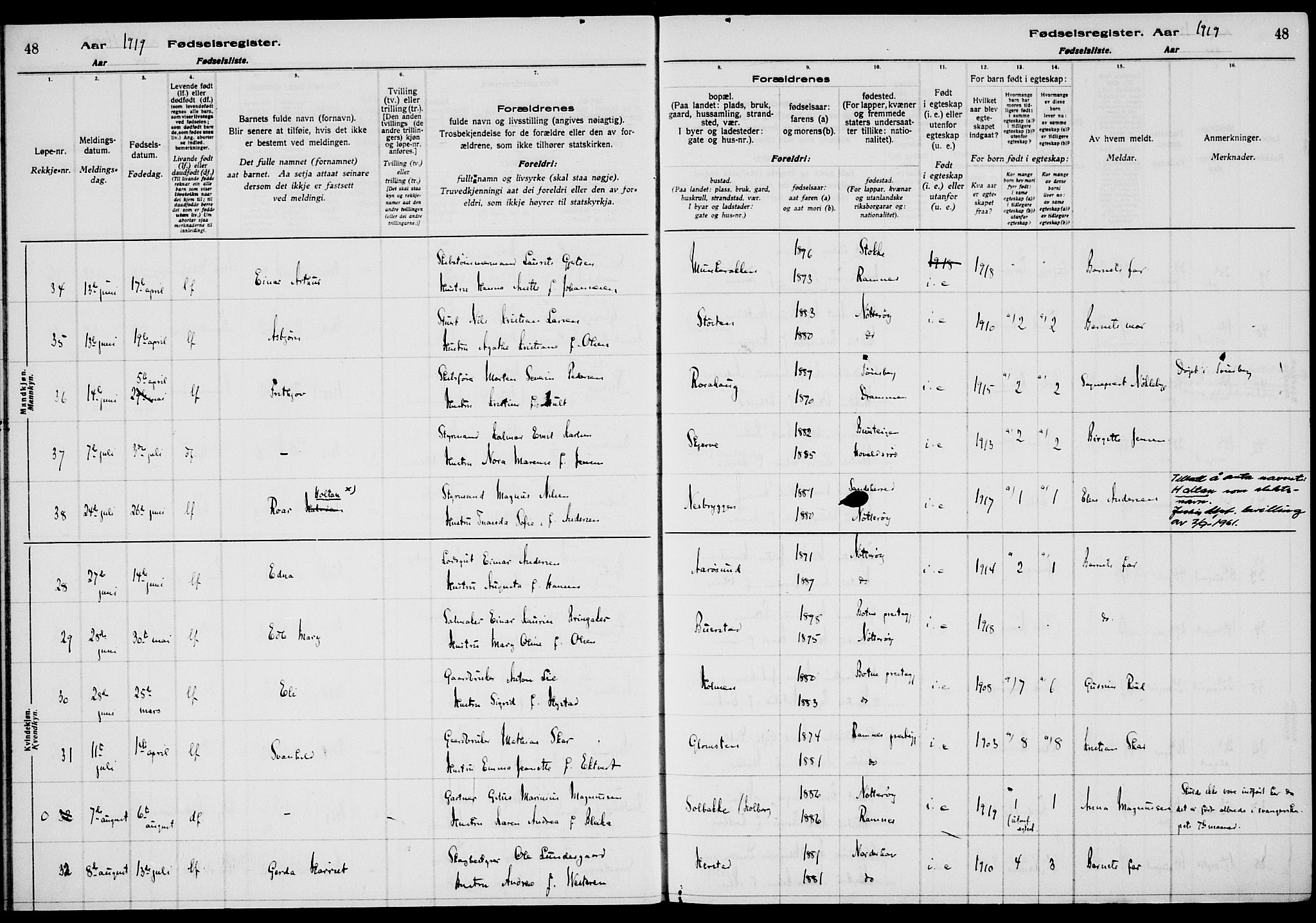 Nøtterøy kirkebøker, AV/SAKO-A-354/J/Ja/L0001: Birth register no. 1, 1916-1928, p. 48