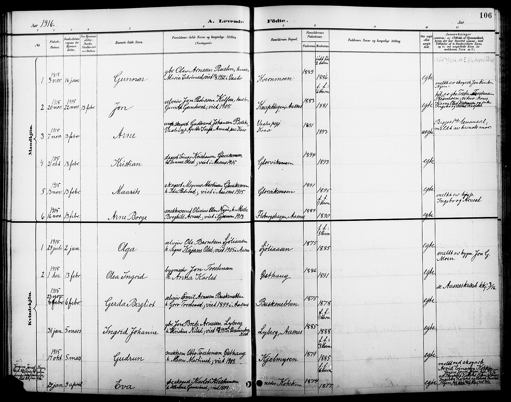 Åsnes prestekontor, AV/SAH-PREST-042/H/Ha/Hab/L0005: Parish register (copy) no. 5, 1895-1920, p. 106