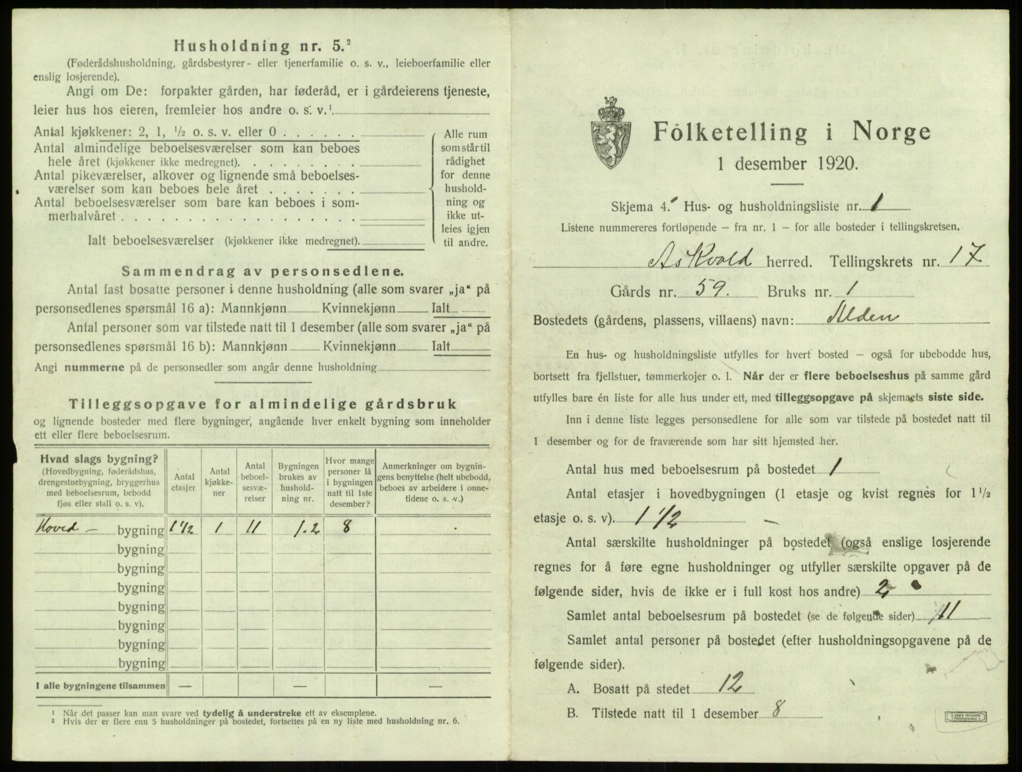 SAB, 1920 census for Askvoll, 1920, p. 908