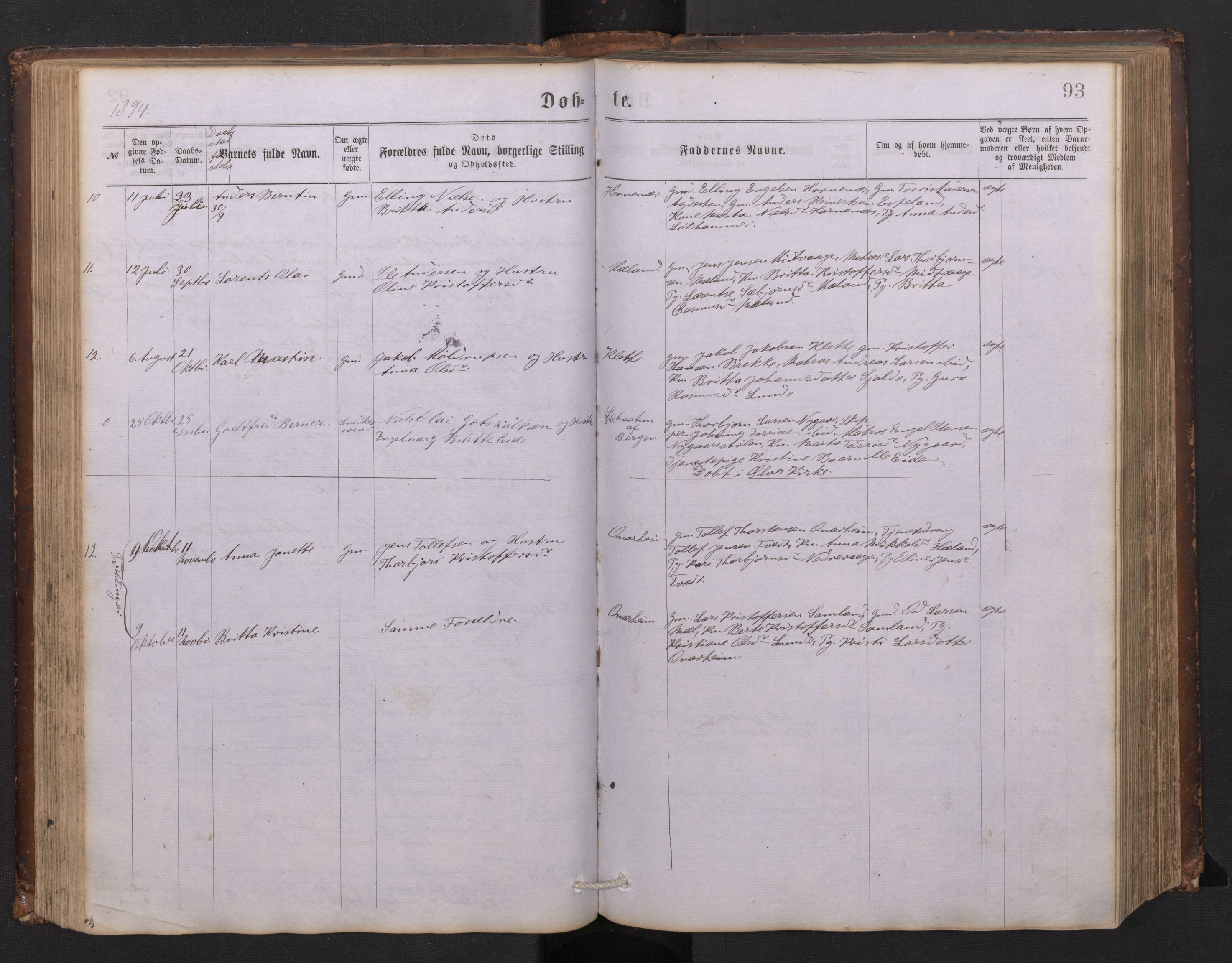 Tysnes sokneprestembete, SAB/A-78601/H/Hab: Parish register (copy) no. C 1, 1873-1895, p. 92b-93a