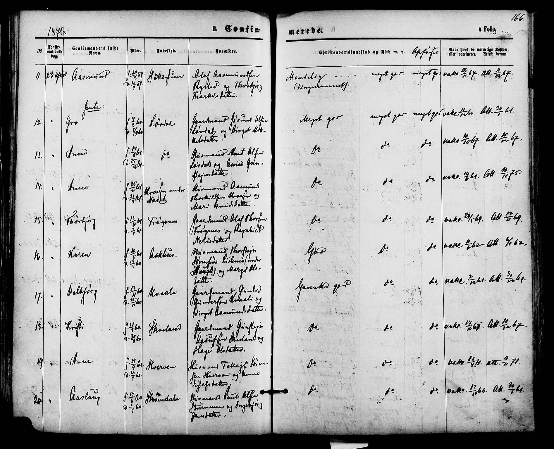 Bygland sokneprestkontor, AV/SAK-1111-0006/F/Fa/Fab/L0006: Parish register (official) no. A 6, 1873-1884, p. 166