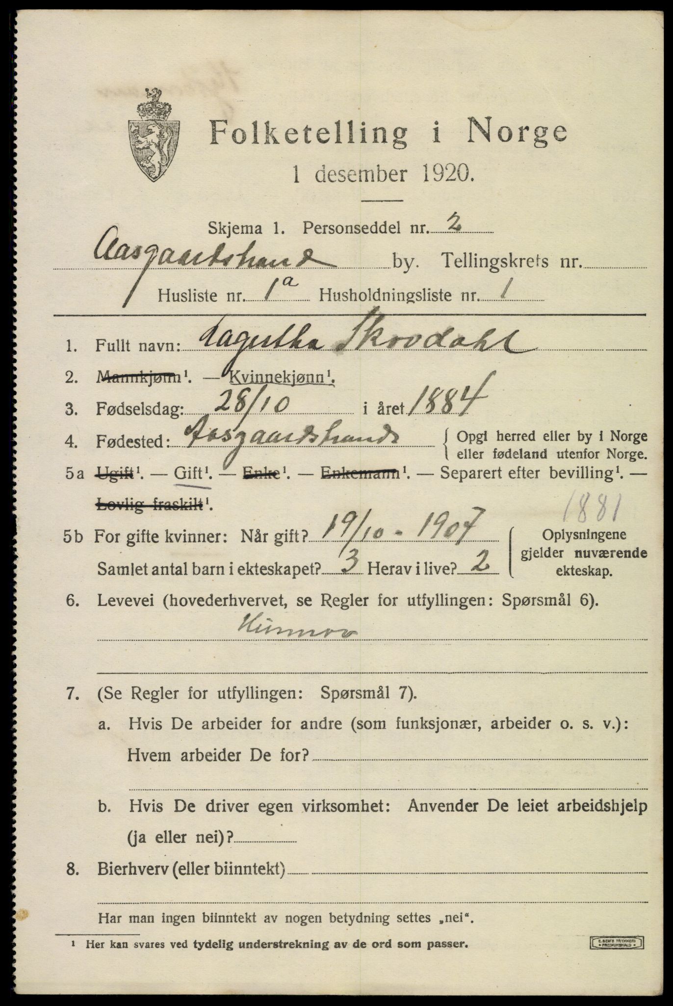 SAKO, 1920 census for Åsgårdstrand, 1920, p. 543