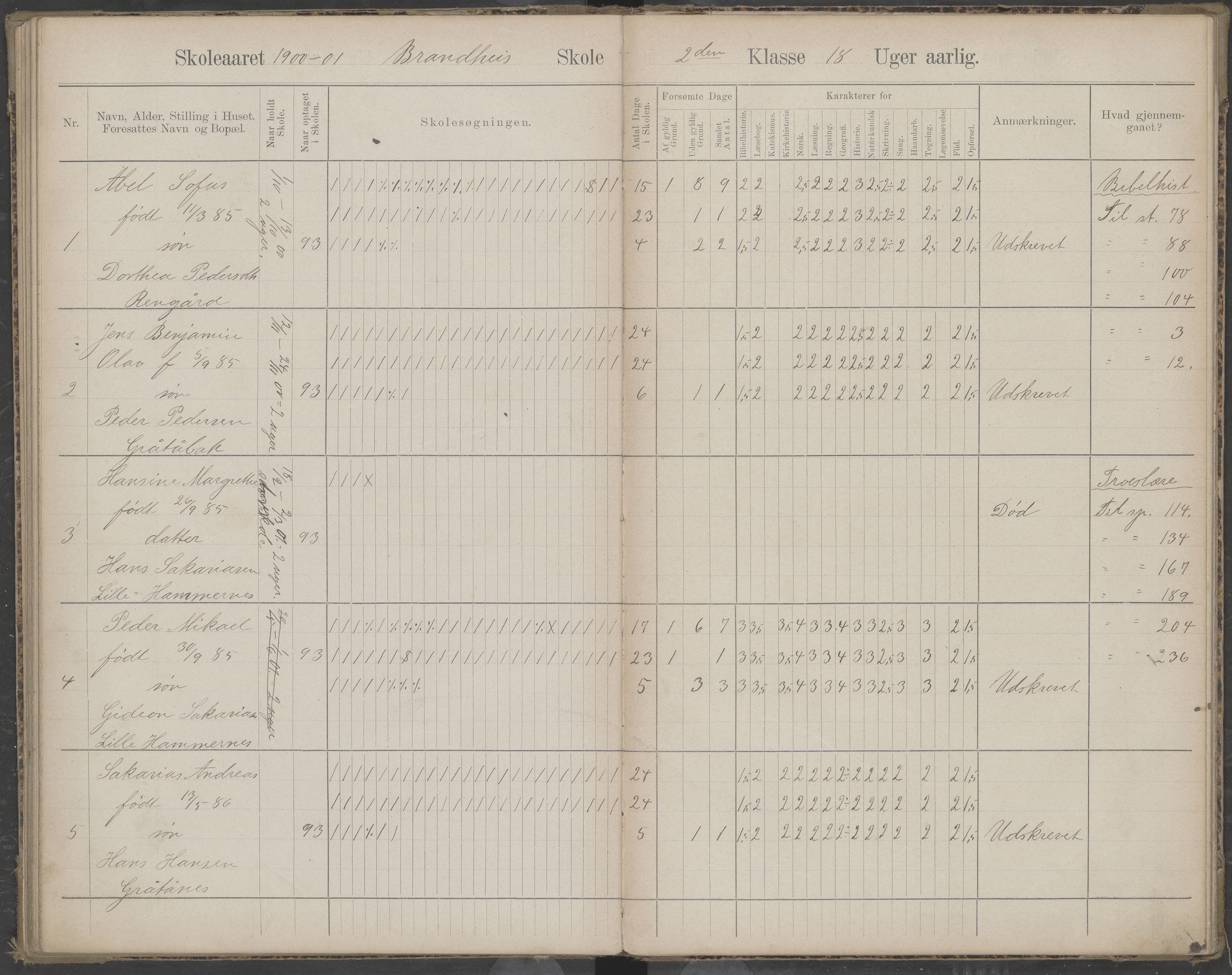 Beiarn kommune. Brandhei skolekrets, AIN/K-18390.510.03/442/L0003: Karakter/oversiktsprotokoll, 1893-1910