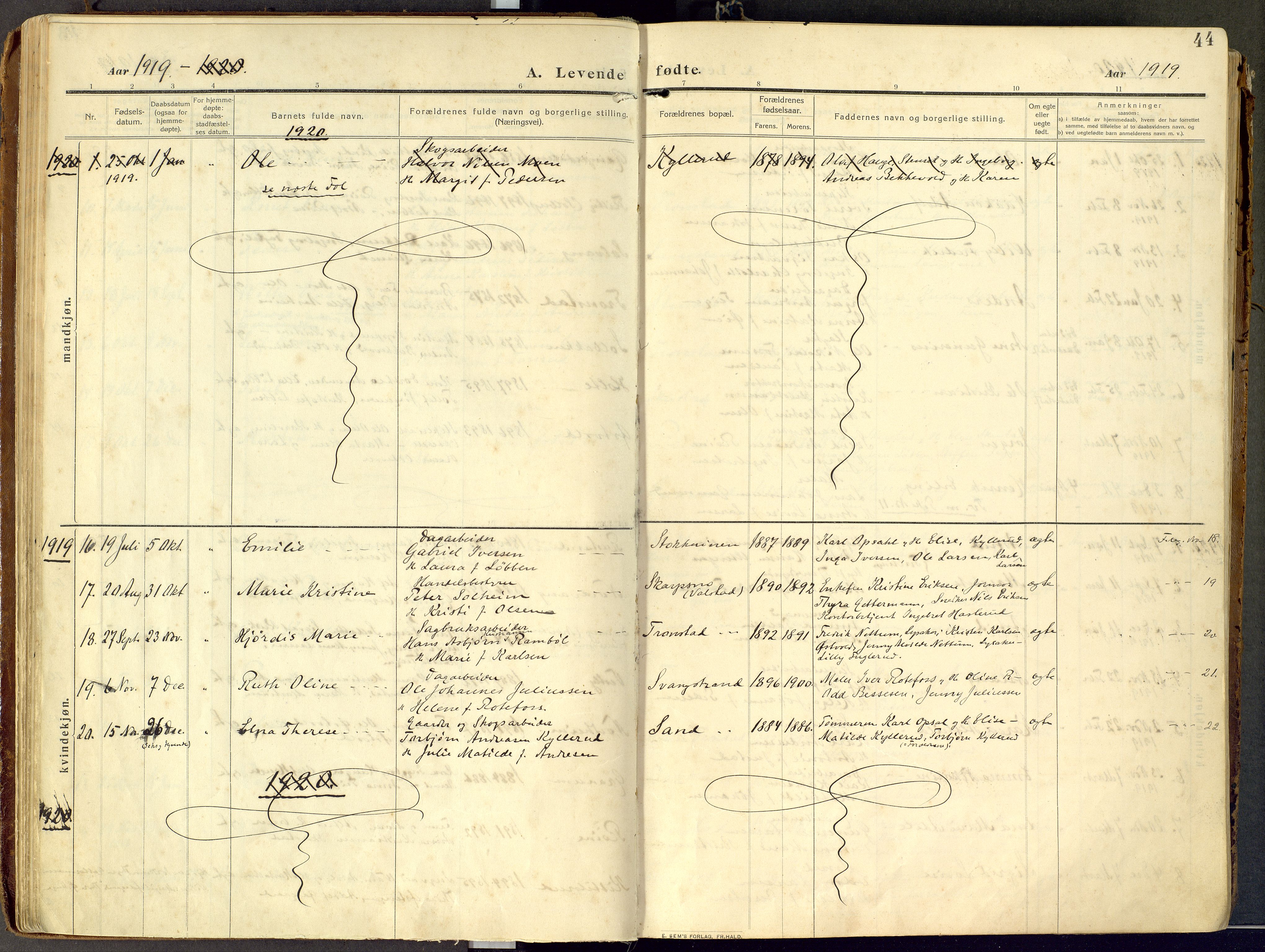 Lier kirkebøker, AV/SAKO-A-230/F/Fc/L0001: Parish register (official) no. III 1, 1906-1936, p. 44