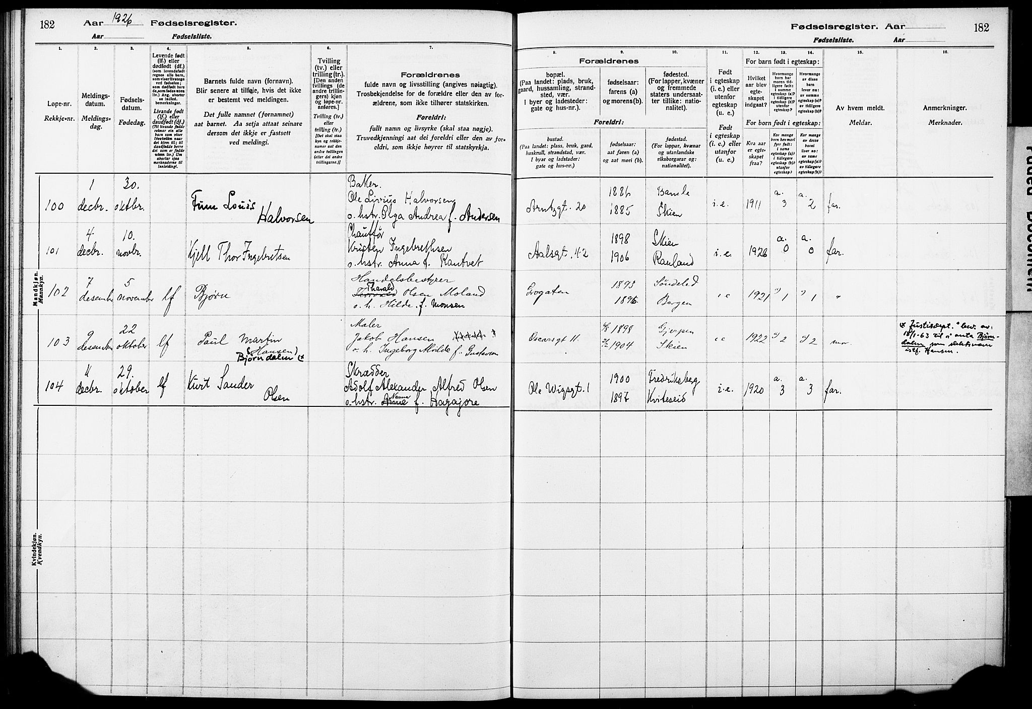 Skien kirkebøker, AV/SAKO-A-302/J/Ja/L0002: Birth register no. 2, 1921-1927, p. 182