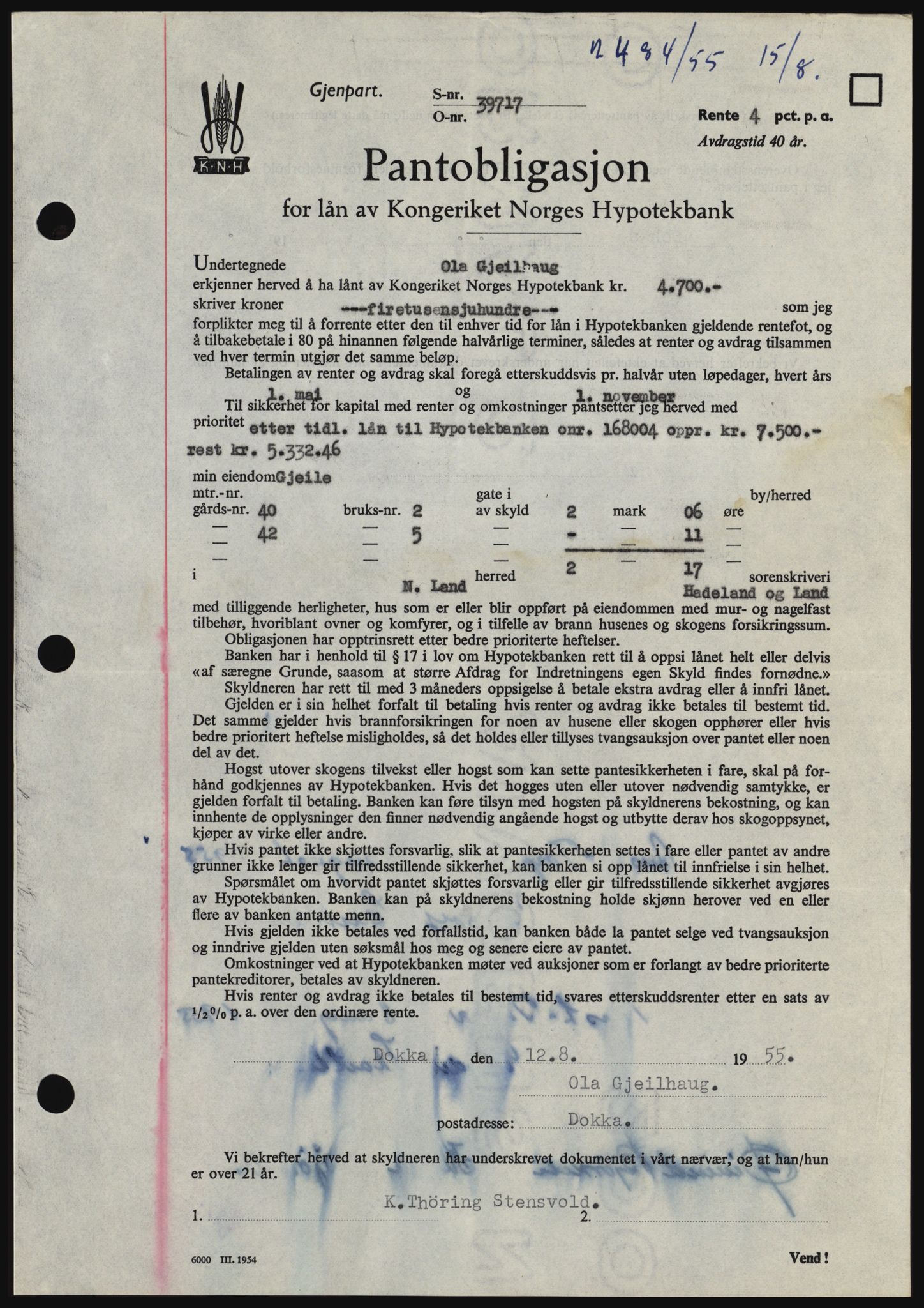 Hadeland og Land tingrett, SAH/TING-010/H/Hb/Hbc/L0032: Mortgage book no. B32, 1955-1955, Diary no: : 2484/1955