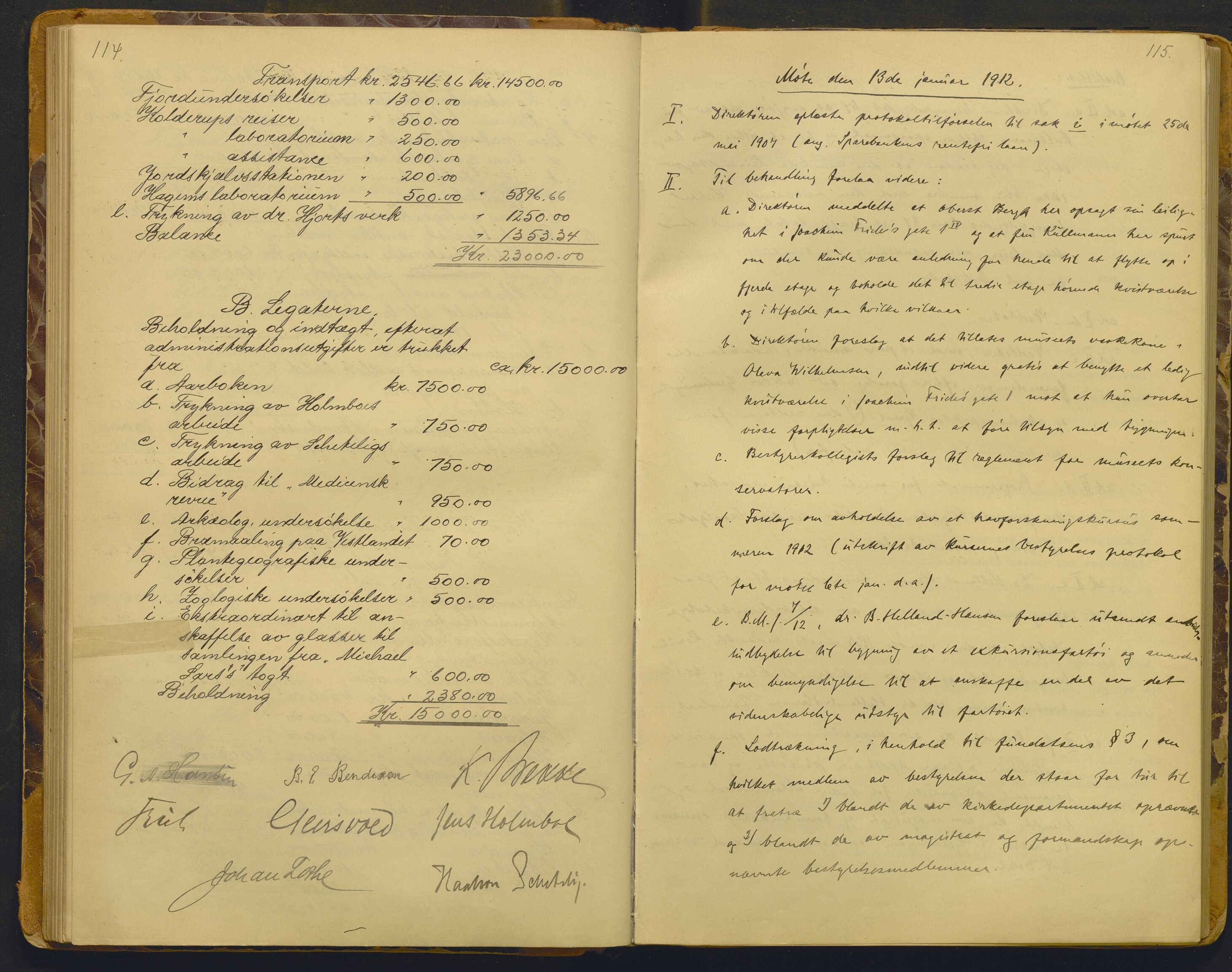 Bergens Museum, AV/SAB-A-17301/02/A/L0008: Forhandlingsprotokoll med register , 1906-1927, p. 114-115