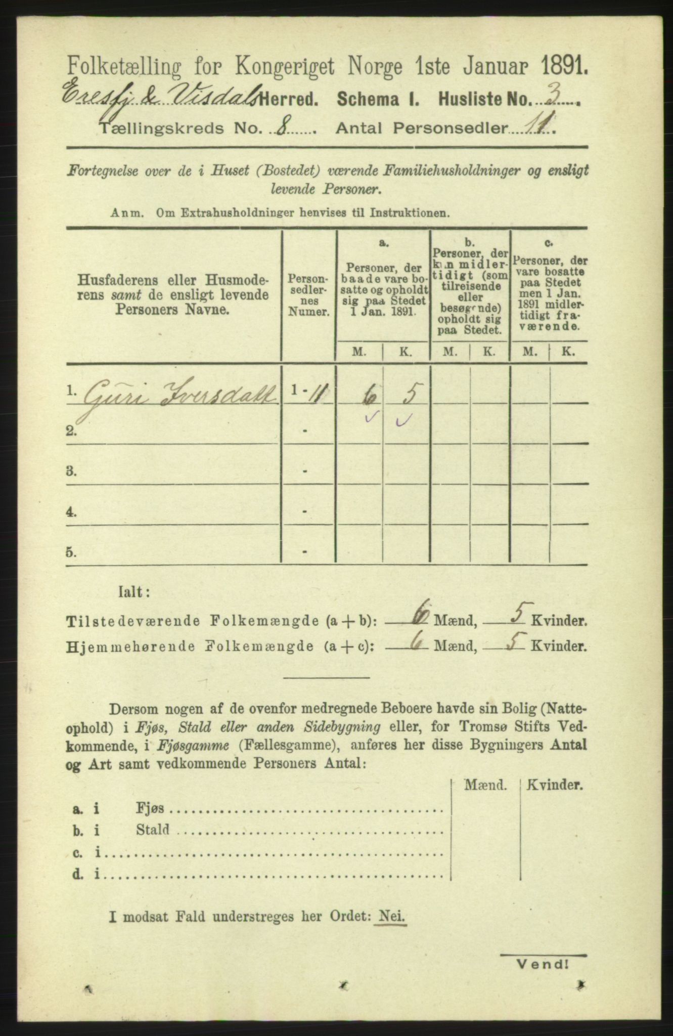 RA, 1891 census for 1542 Eresfjord og Vistdal, 1891, p. 2304