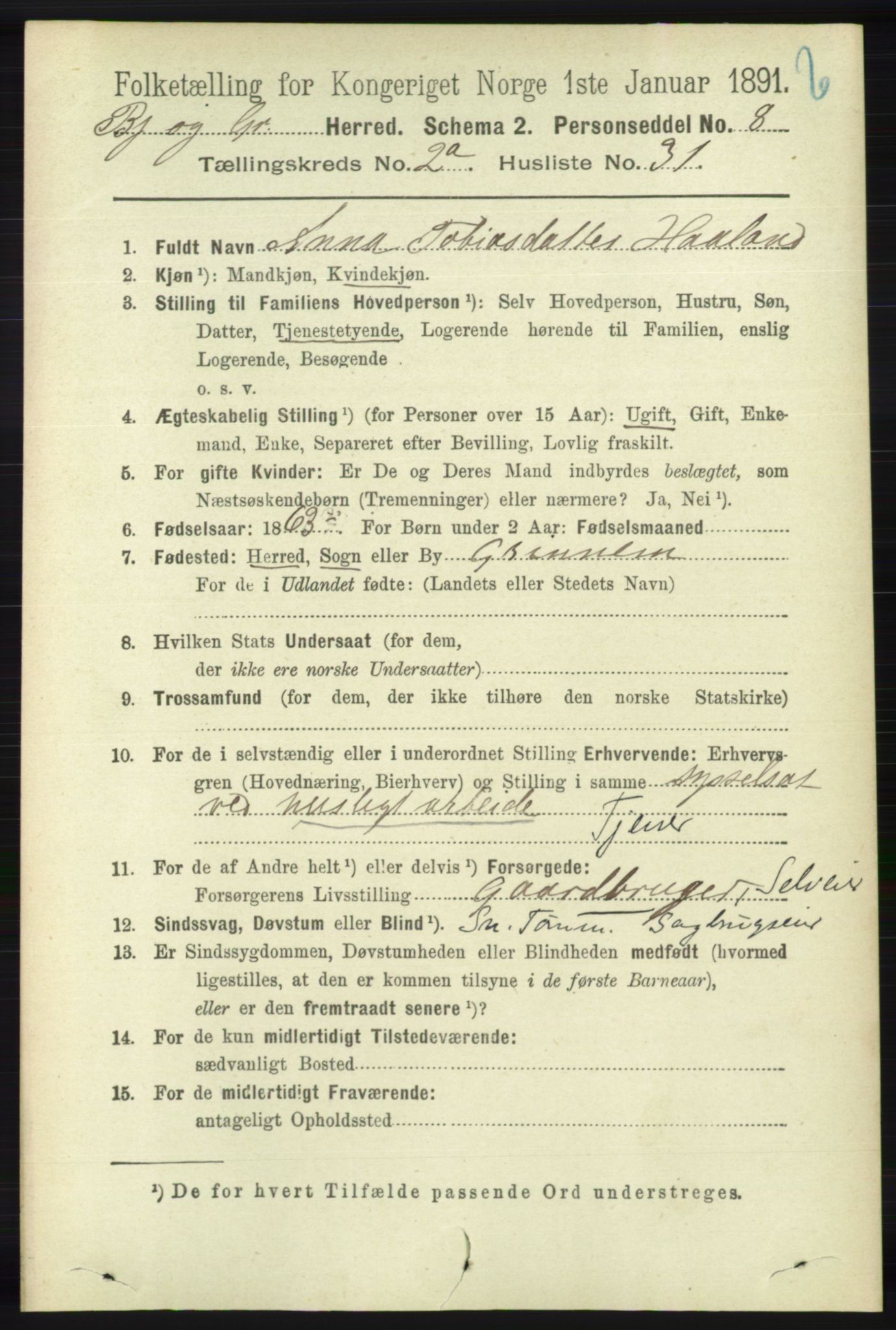 RA, 1891 census for 1024 Bjelland og Grindheim, 1891, p. 499