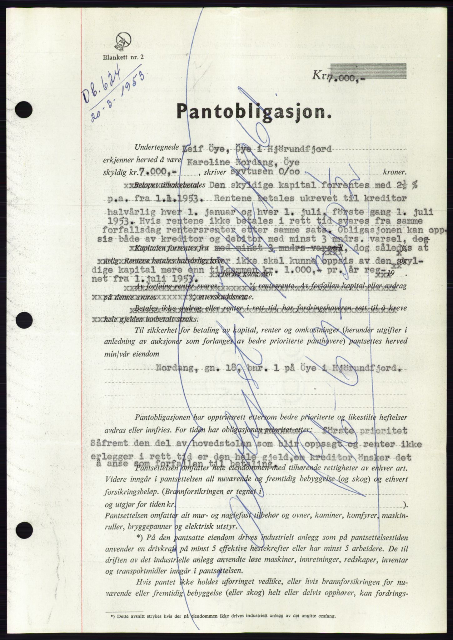 Søre Sunnmøre sorenskriveri, AV/SAT-A-4122/1/2/2C/L0123: Mortgage book no. 11B, 1953-1953, Diary no: : 624/1953