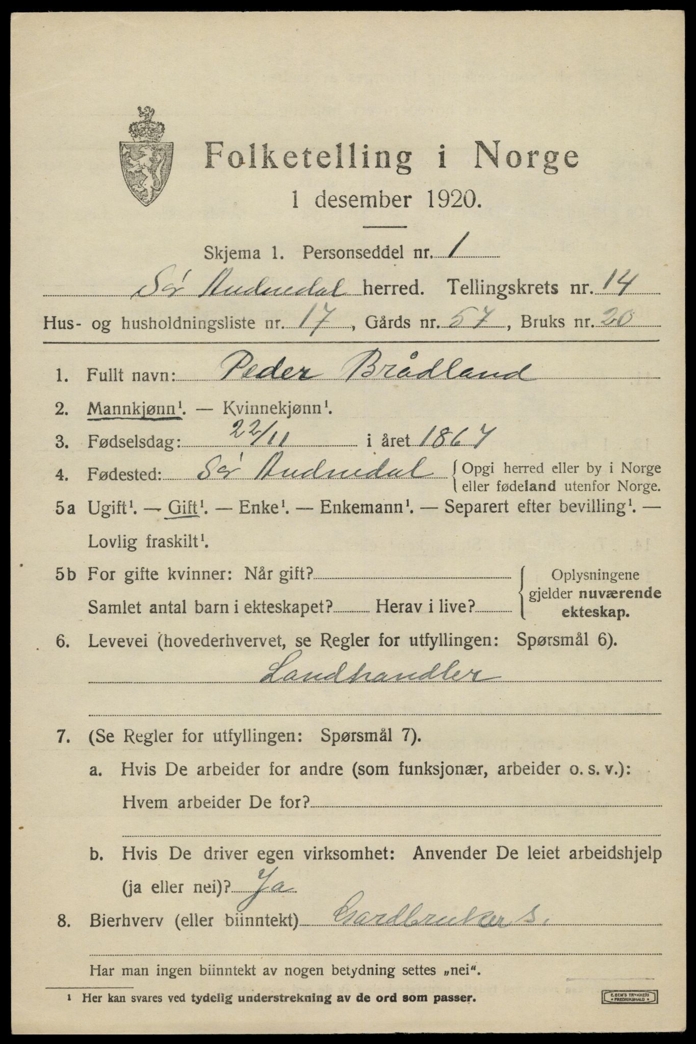 SAK, 1920 census for Sør-Audnedal, 1920, p. 5315