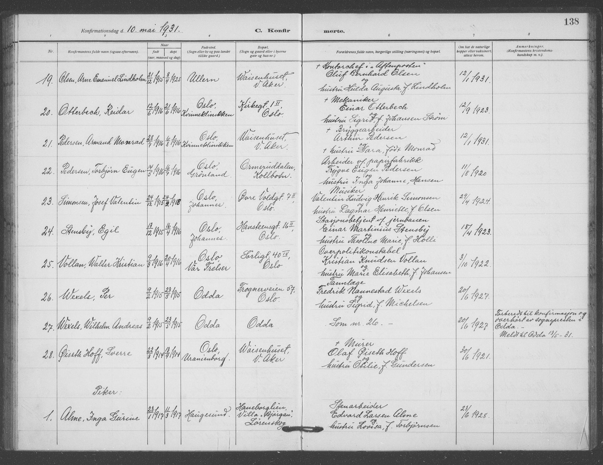 Oslo domkirke Kirkebøker, SAO/A-10752/F/Fa/L0031: Parish register (official) no. 31, 1918-1941, p. 138