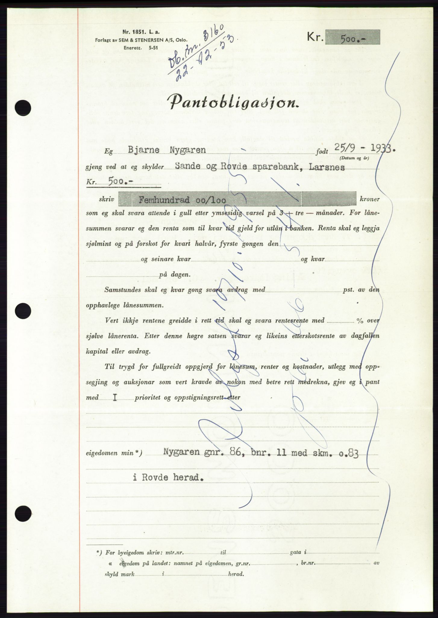 Søre Sunnmøre sorenskriveri, AV/SAT-A-4122/1/2/2C/L0124: Mortgage book no. 12B, 1953-1954, Diary no: : 3160/1953