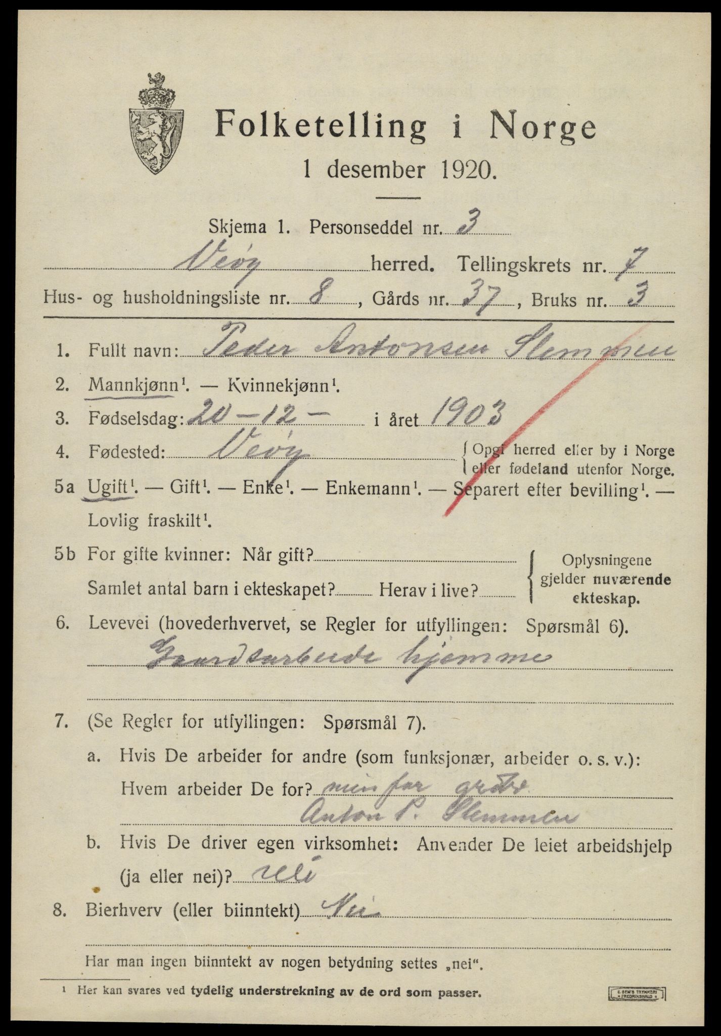 SAT, 1920 census for Veøy, 1920, p. 3157