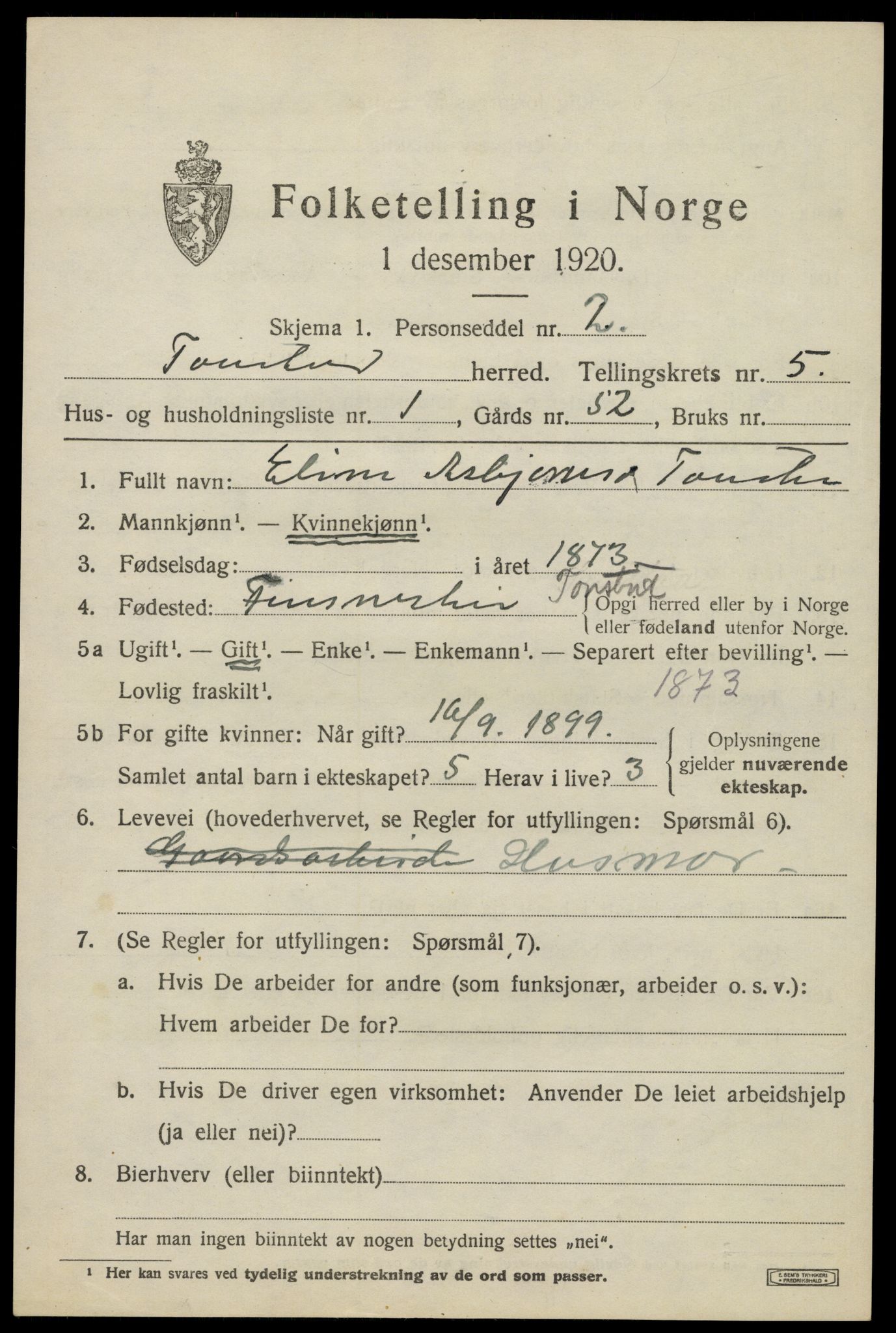 SAK, 1920 census for Tonstad, 1920, p. 1602