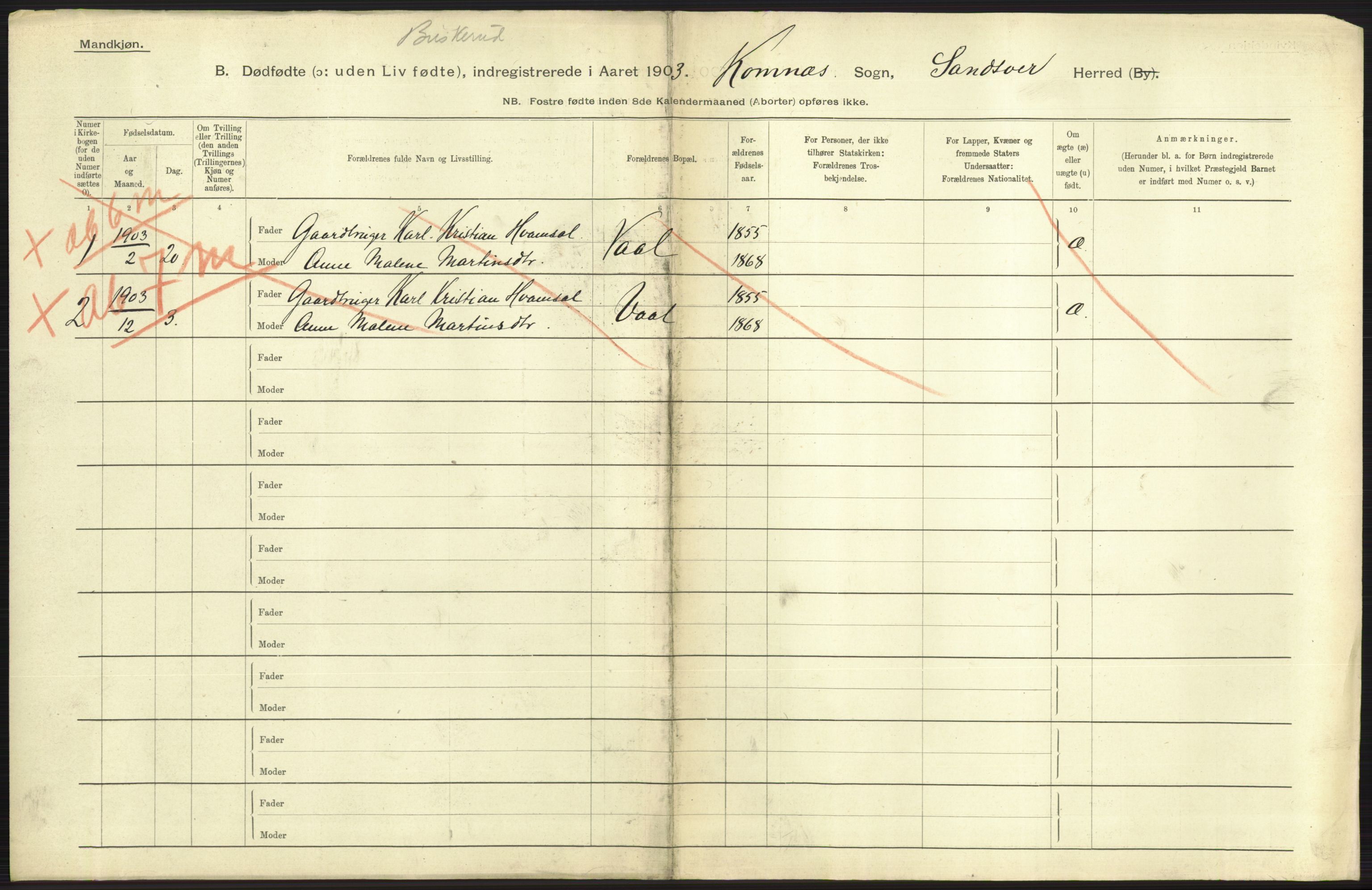 Statistisk sentralbyrå, Sosiodemografiske emner, Befolkning, AV/RA-S-2228/D/Df/Dfa/Dfaa/L0024: Smålenenes - Stavanger amt: Dødfødte. Bygder., 1903, p. 287