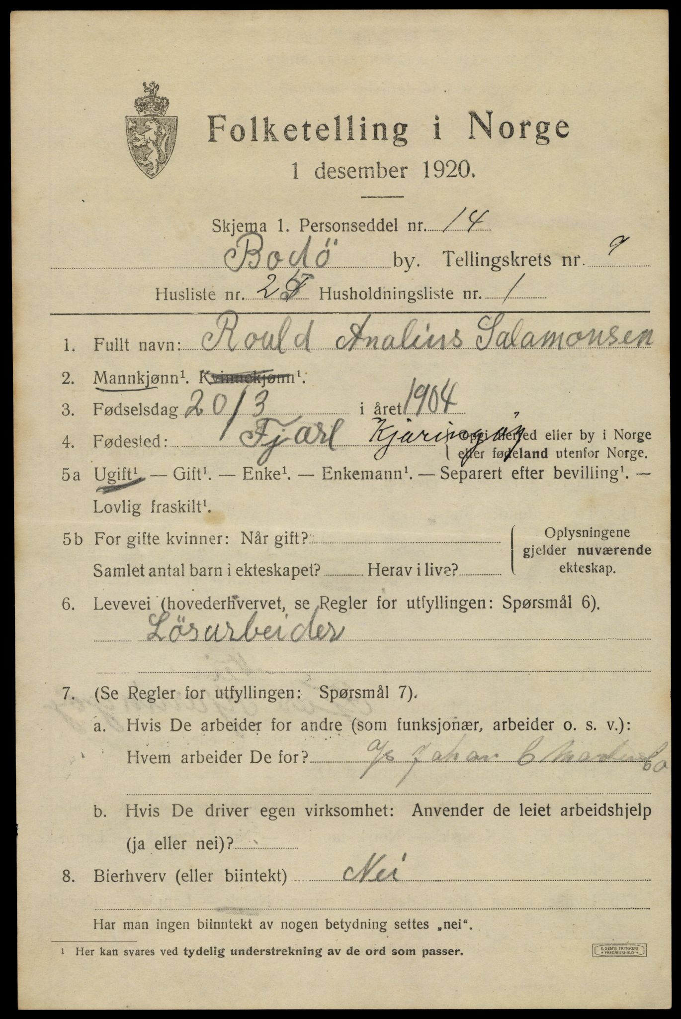 SAT, 1920 census for Bodø, 1920, p. 13323