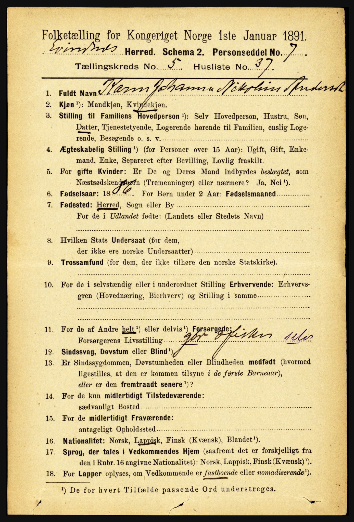 RA, 1891 census for 1853 Evenes, 1891, p. 1880