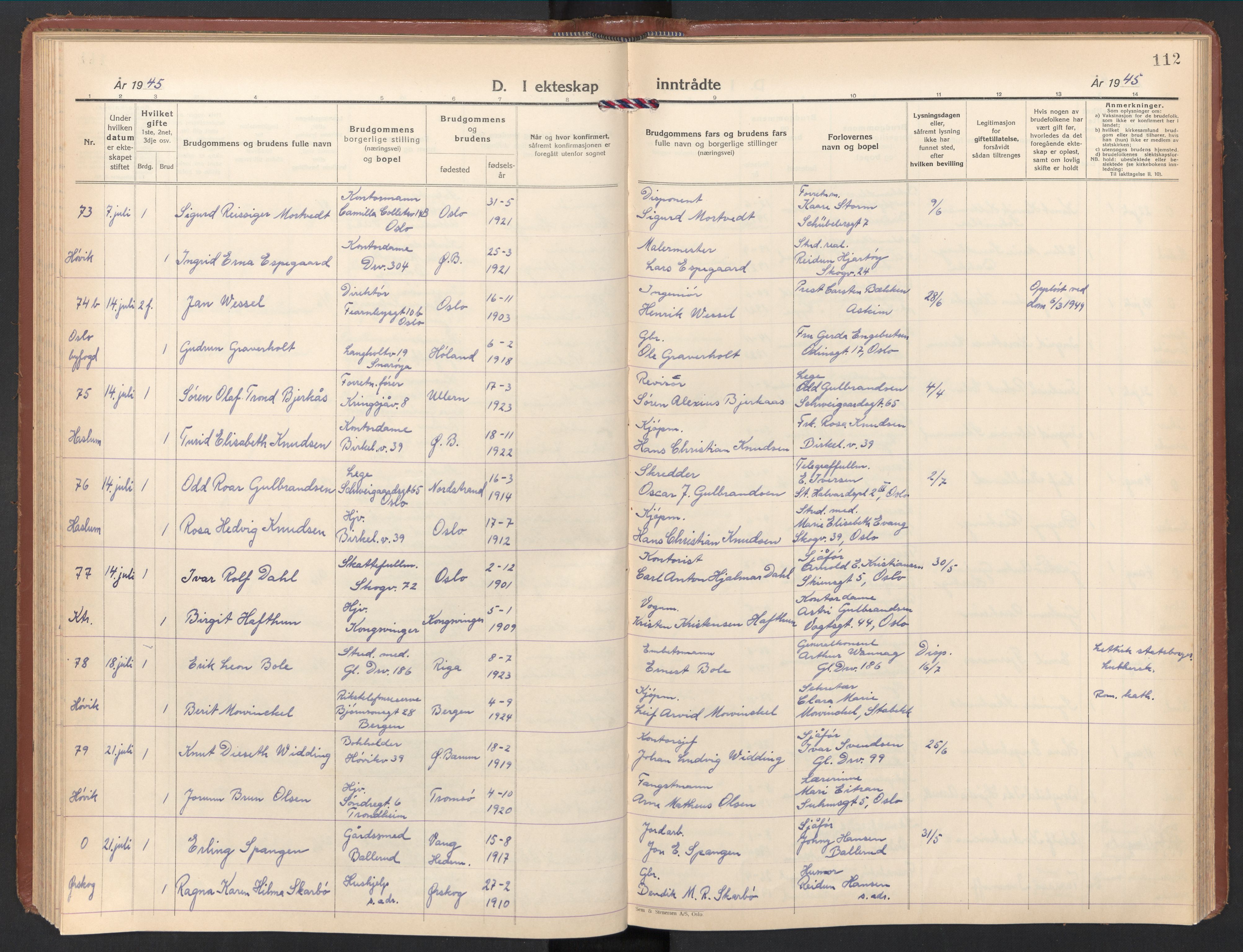 Østre Bærum prestekontor Kirkebøker, AV/SAO-A-10887/F/Fa/L0008: Parish register (official) no. 8, 1940-1948, p. 112