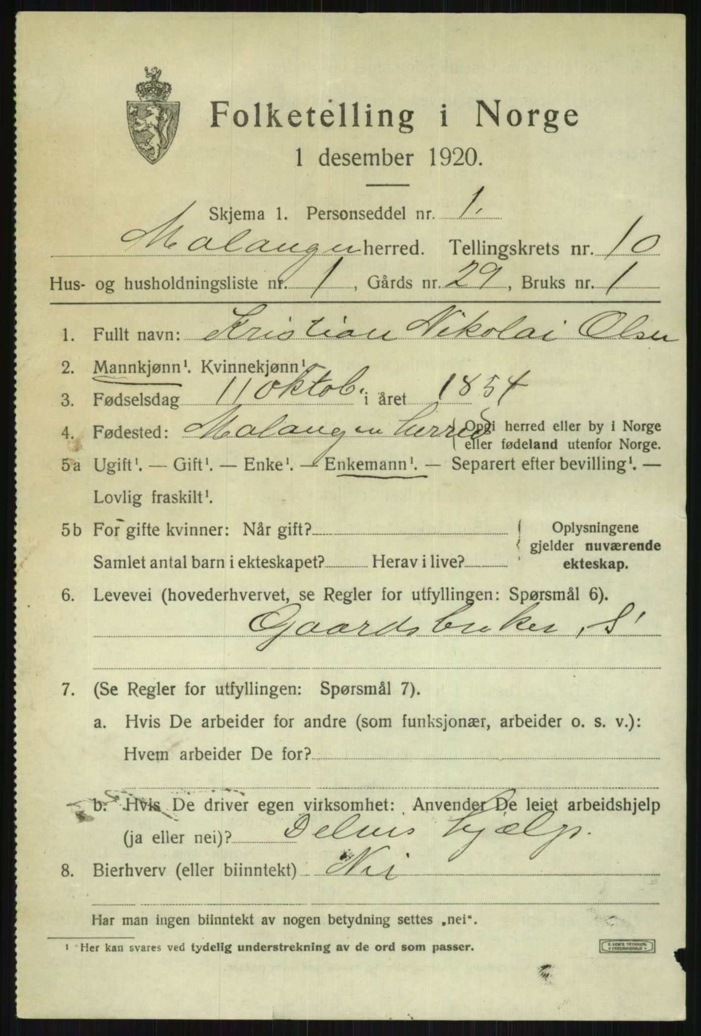 SATØ, 1920 census for Malangen, 1920, p. 3859